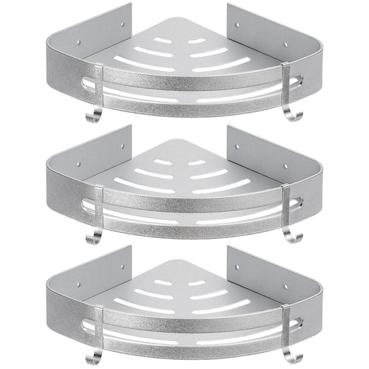 Yorbay shower shelf without drilling with mounting material, shower corner shelf without drilling, triangle bathroom shelf made of aluminum with hooks, bathroom shelf 3 piece set.