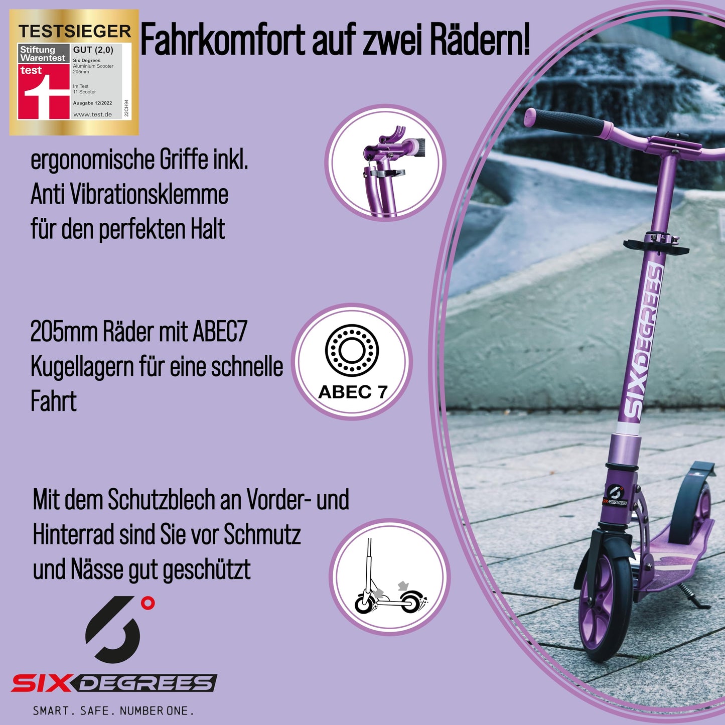Six Degrees aluminum scooter with folding mechanism and stand, 205mm, adjustable height, GS approved, purple, TEST WINNER