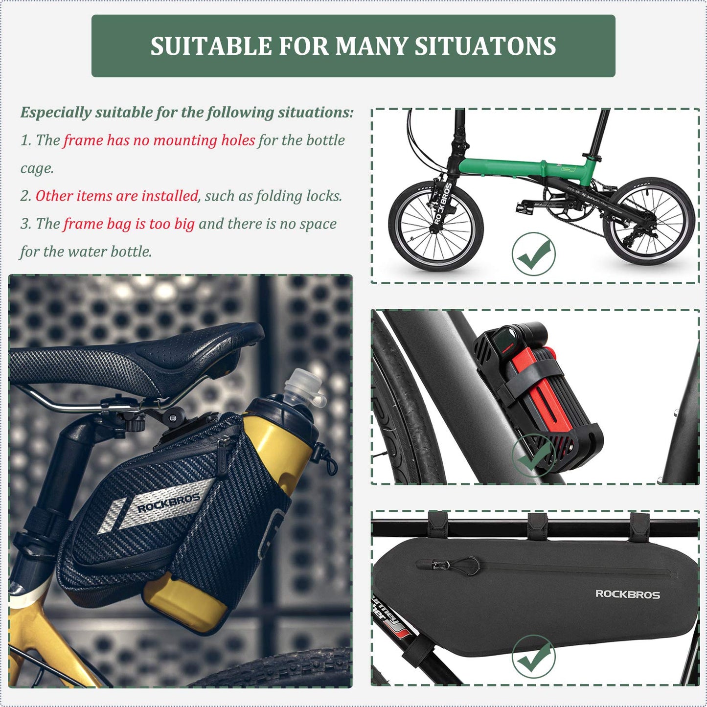 ROCKBROS bike saddle bag with bottle holder, reflective, suitable for MTB, road bike, folding bike. Black, approx. 1L capacity.
