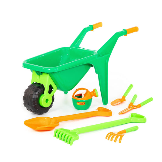 Cavallino wheelbarrow garden set with shovel rake watering can scissors