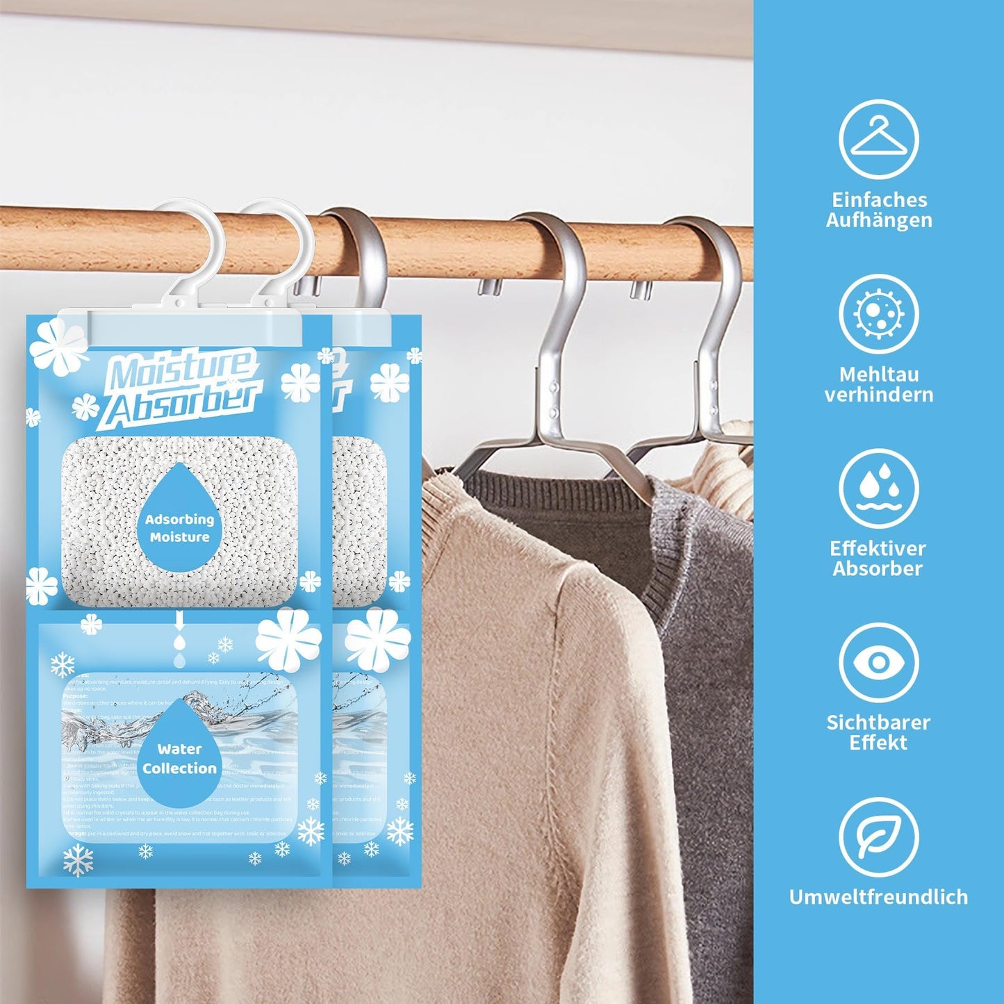 Boadw 10x230G Hanging Dehumidifier, Wardrobe Moisture Absorber for Basement, Bedroom, Bathrooms, against Moisture Anti-Mold Deodorizing Desiccant Bag