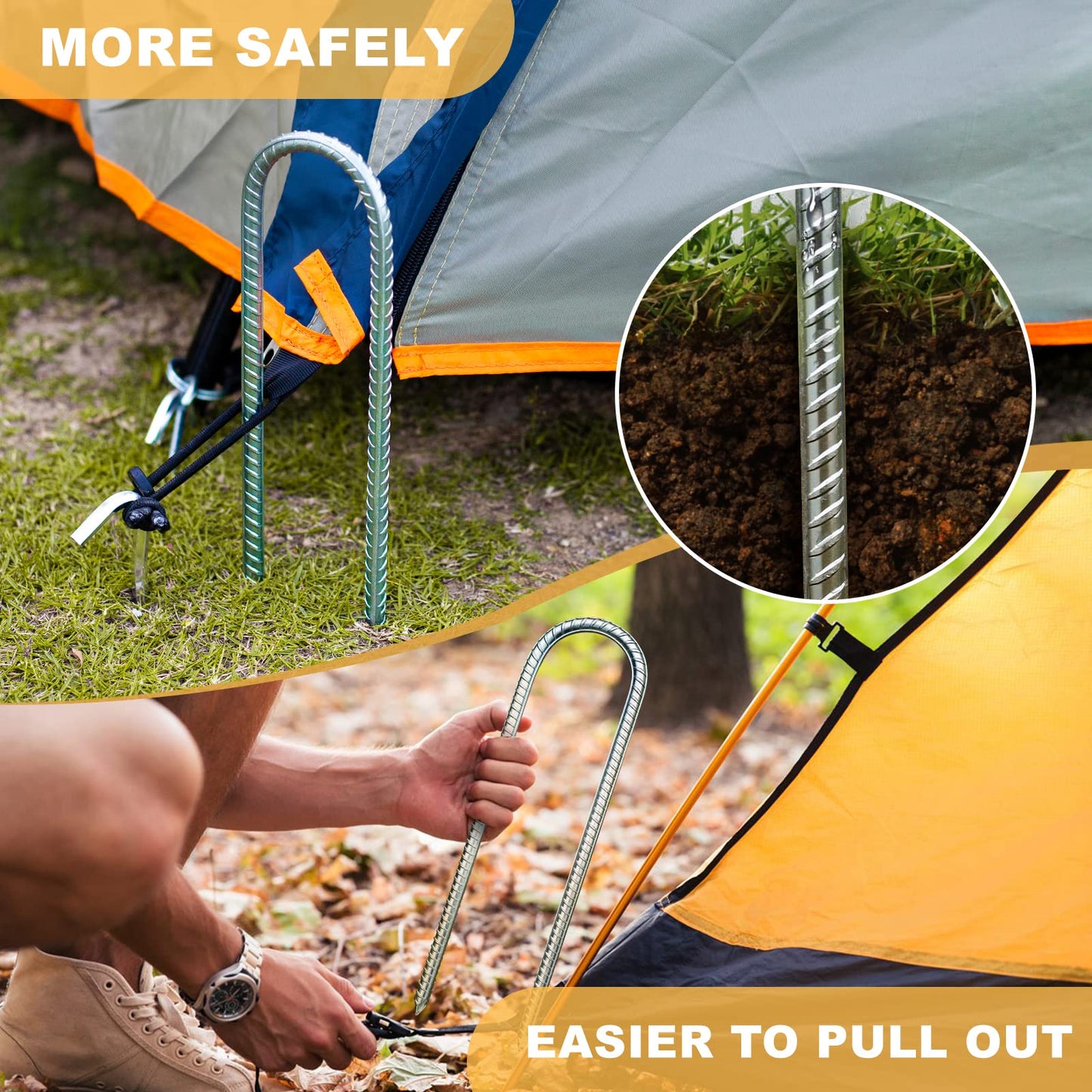 Ground anchor for trampoline, heavy duty metal 32cm ground stakes with U-shape design, galvanized steel pegs with chisel tip end, perfect for securing tents and trampolines (6 Pack, Silver U-shaped).