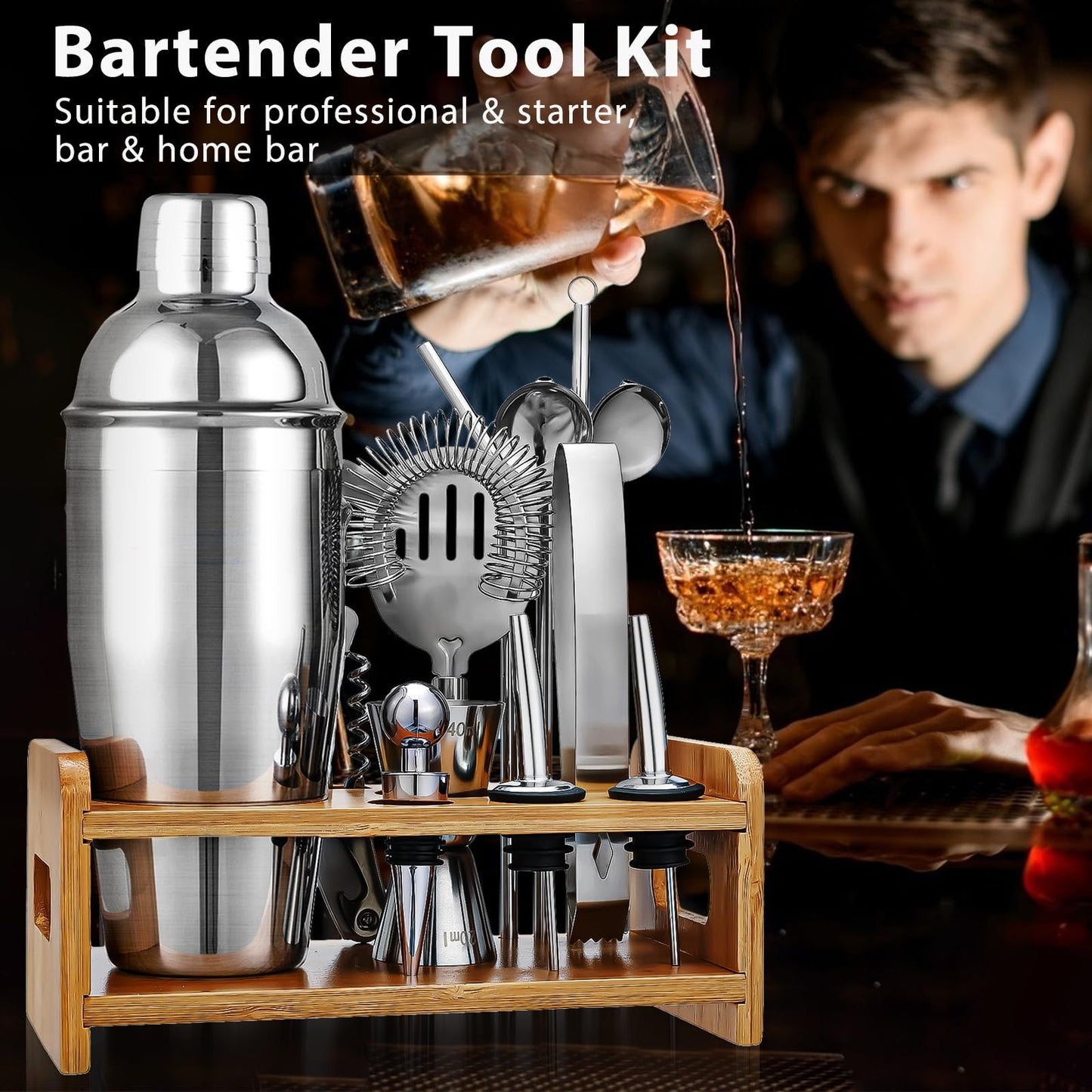 Cocktail Shaker Set, 750ml Stainless Steel Shaker Set, 15 Piece Professional Cocktail Mixing Set, Bartender Set with Bamboo Stand, Recipe Book, Jigger, Spoon, Gift Set for Bar, Home