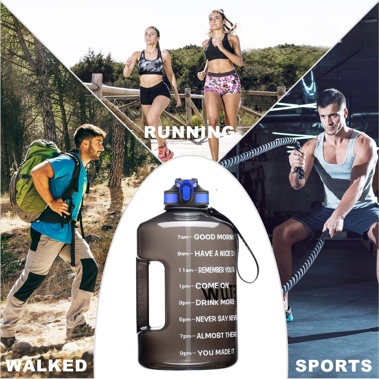 3.78L water bottles with straws, BPA free. Reusable with time markers. Large sports bottle with strong handle for sports, fitness, outdoor activities, hiking.