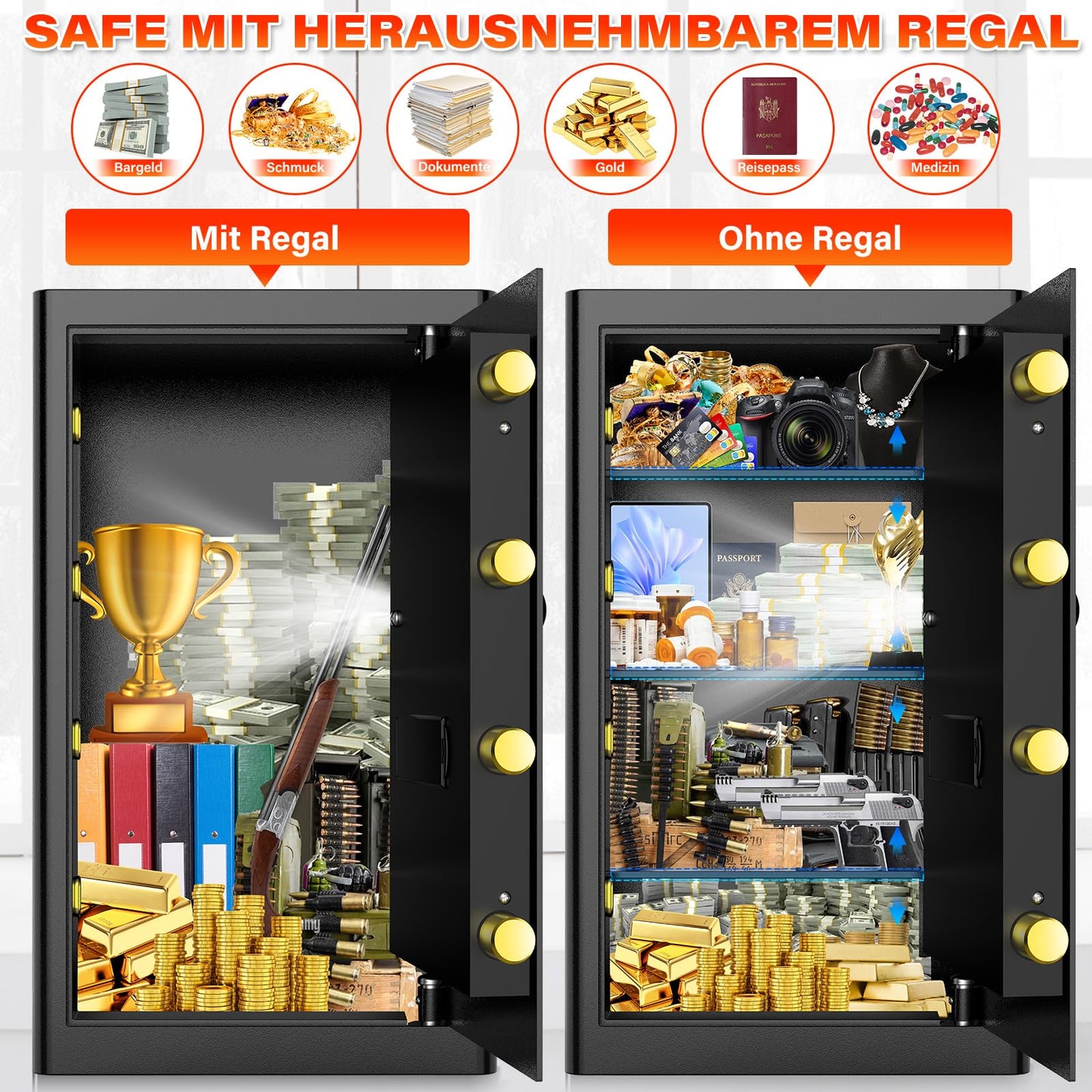 90L Large Fireproof Safe with Fireproof Document Bag, Digital Home Safe with Removable Shelf, Furniture Safe for Documents, Gold, Jewelry, Valuables