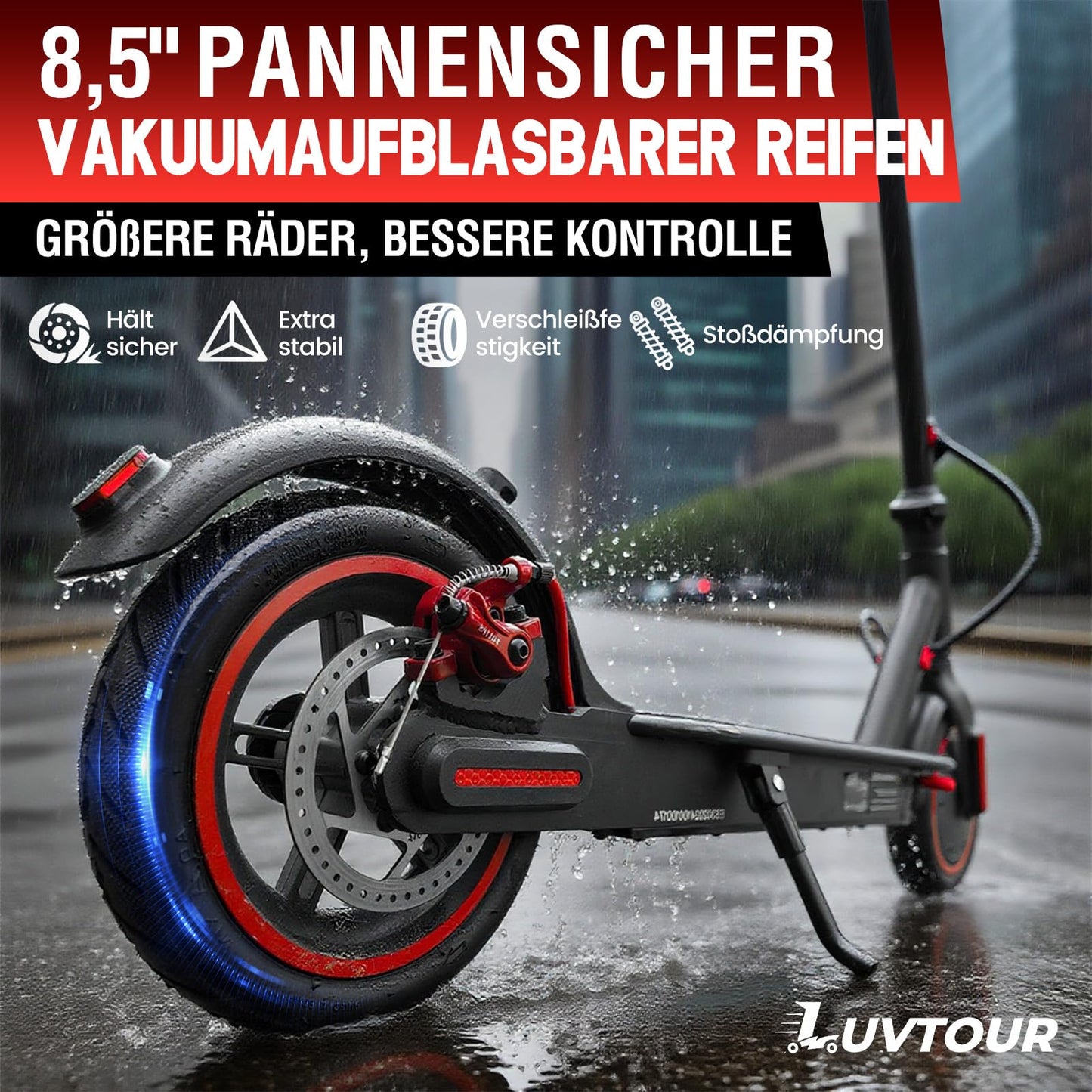 LuvTour E-Scooter with app function, mobile phone holder, and theft protection. Foldable e-scooter, 25-30 km range Li-Ion battery, electric scooter Max. load 120 kg.