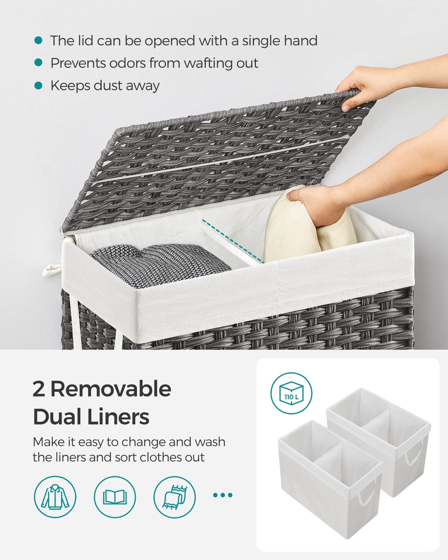 SONGMICS laundry hamper with lid, laundry collector 110 liters, 2 compartments, removable laundry bag with handles, hand-woven, for bedroom, bathroom, 33 x 57 x 60 cm, gray LCB252G01