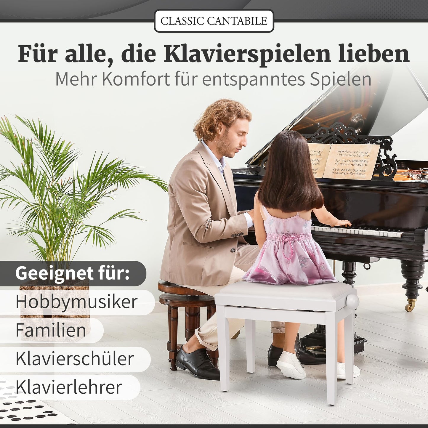 Classic Cantabile Piano Bench White High Gloss - Adjustable height from 47-56cm - Piano stool with spindle mechanism - Piano bench seat 55 x 32cm - White piano chair with velour cover, stable