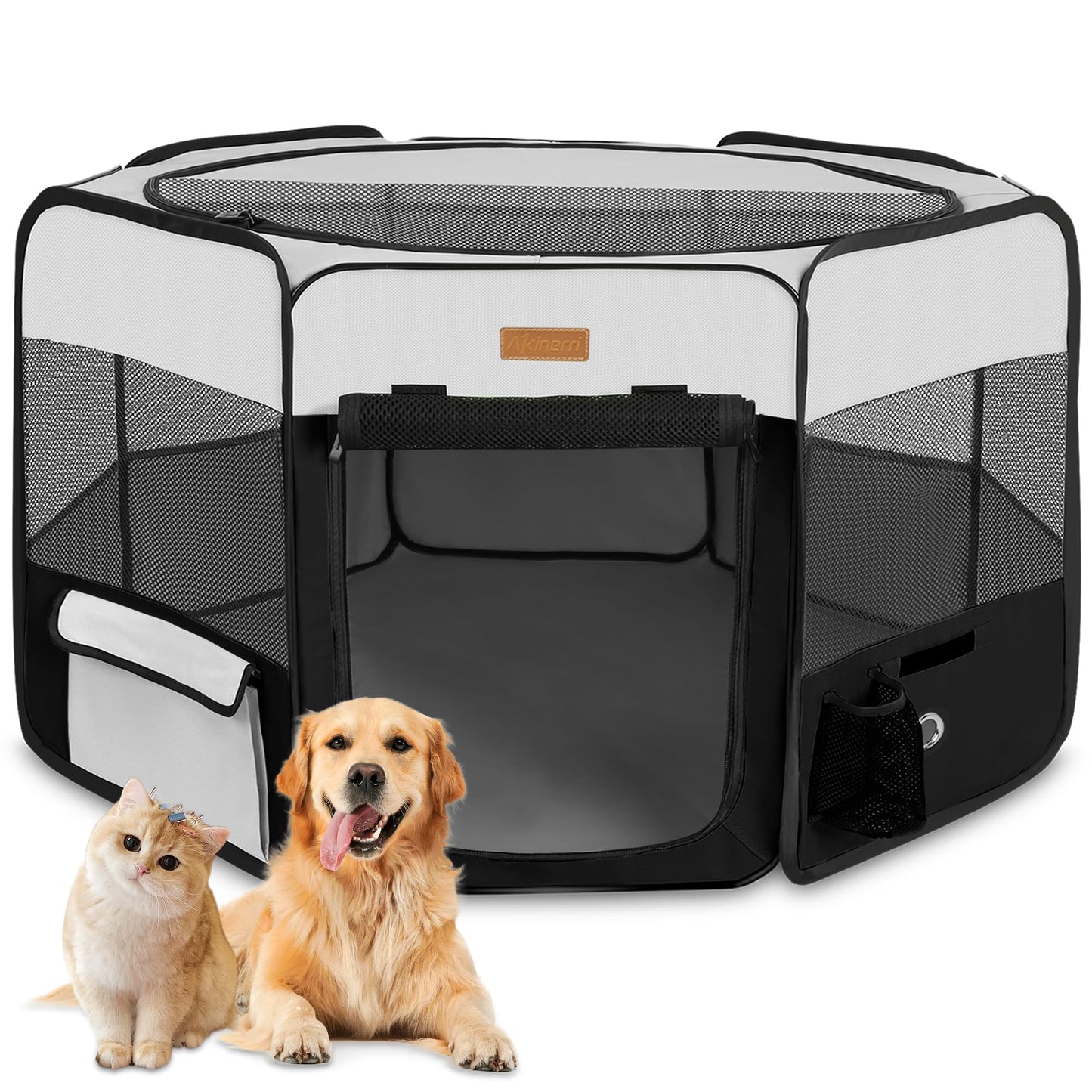 Akinerri pet playpen, portable, foldable, playpen for dogs/cats/puppies, exercise pen for dogs and cats, for indoors and outdoors, removable mesh shade cover.