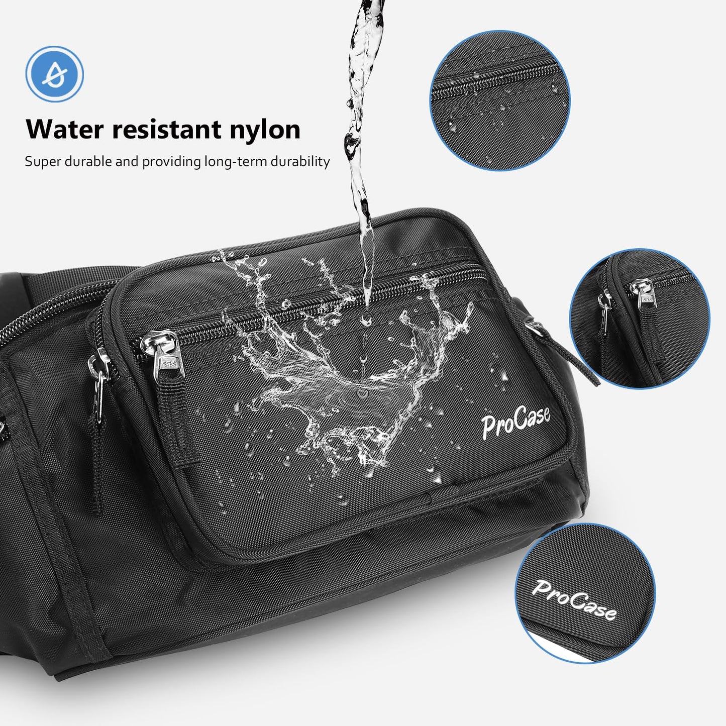 ProCase Large Waist Bag Waist Pack Waterproof Hip Bag for Men and Women Large Nylon Fanny Pack with 6 Zipper Pockets for Traveling Sports Hiking Jogging Dog Walking
