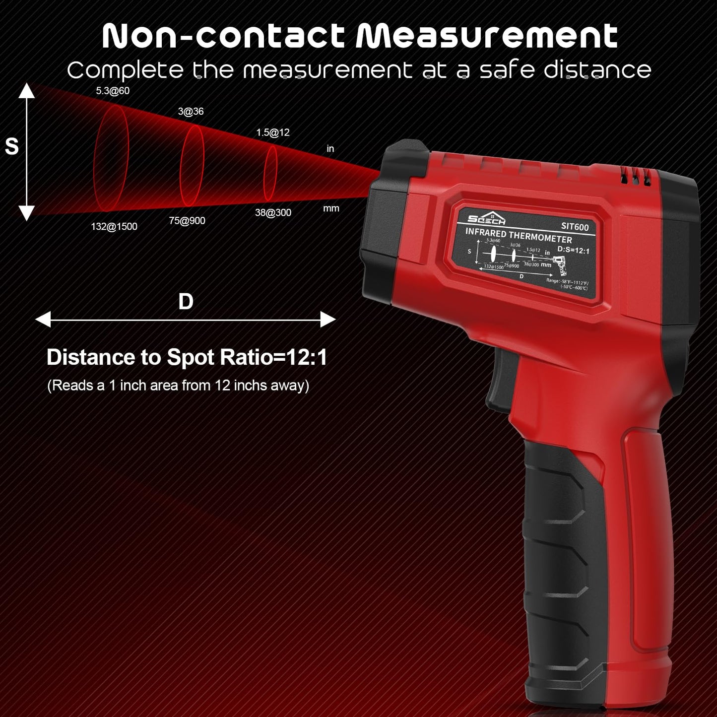 Infrared thermometer, SQECH temperature measuring device -50℃~600℃ (-58℉~1112℉), with adjustable emissivity and colored backlight, for cooking, pizza oven, refrigerator, industrial (Red)