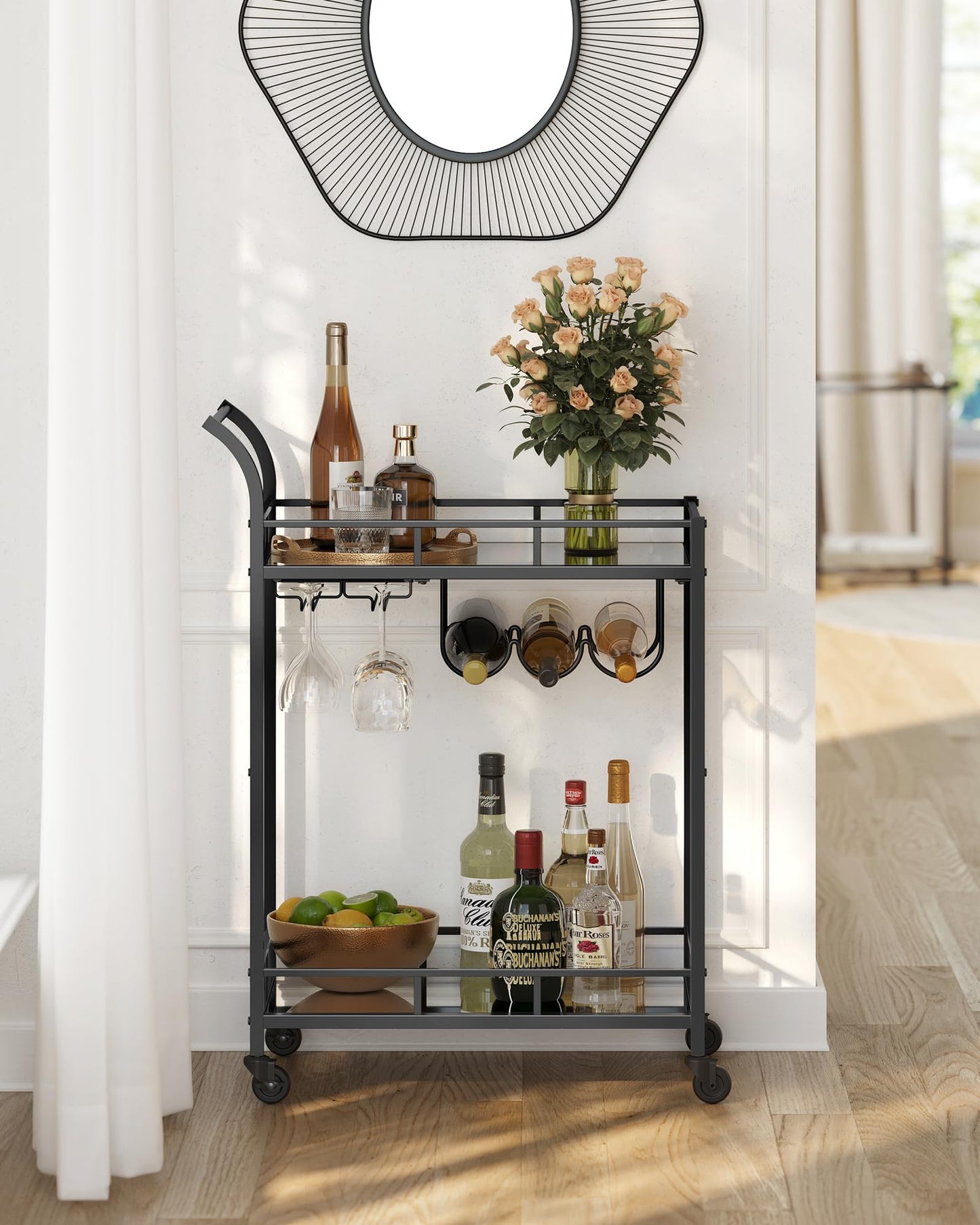 VASAGLE Bar Cart, Rolling Cart, Glass Holder, 2 Mirrored Glass Shelves, Wine Cart, for Kitchen, Dining Room, Bar, Black LRC092B62