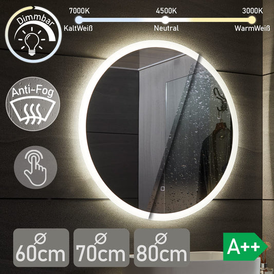 Aquamarin® LED bathroom mirror - Round 60/70/80 cm, Fog-free, Dimmable, Energy-saving, Touch, 3000-7000K, Model selection bathroom mirror, LED mirror, Light mirror, Wall mirror (Ø 70cm)