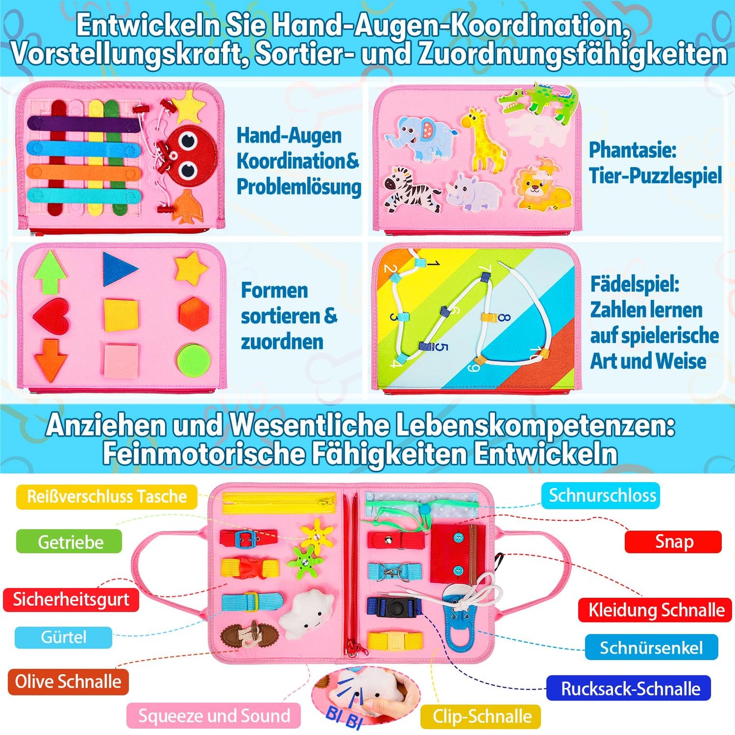 Esjay Busy Board German Montessori Toy for Toddler Girls, Activity Board Book Motor Skills Toy, Gift for Girls Birthday, Learning Toy Motor Skills Board for Travel by Car or Plane, German Pink