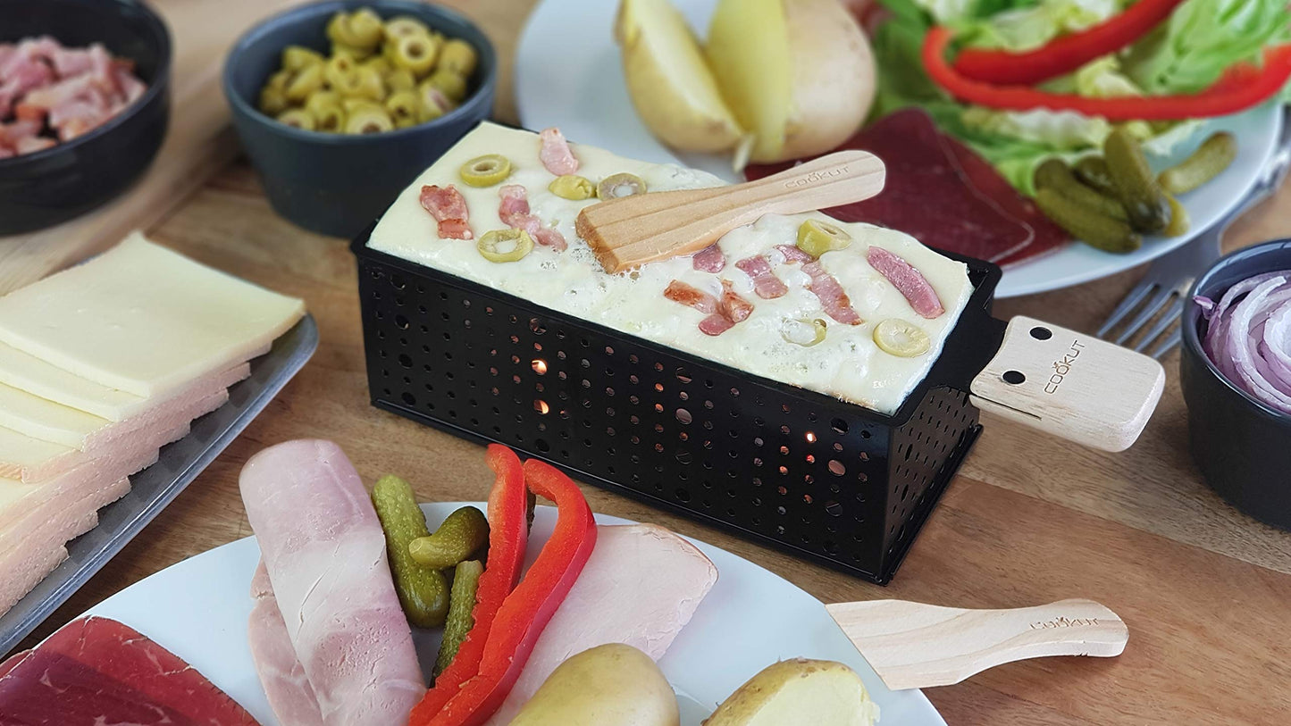 COOKUT - Lumi gift set - Raclette and cheese fondue with candle - Raclette in 3 minutes, prepare fondue in 5 minutes - Raclette night, cheese fondue, picnic - wooden spatula - black