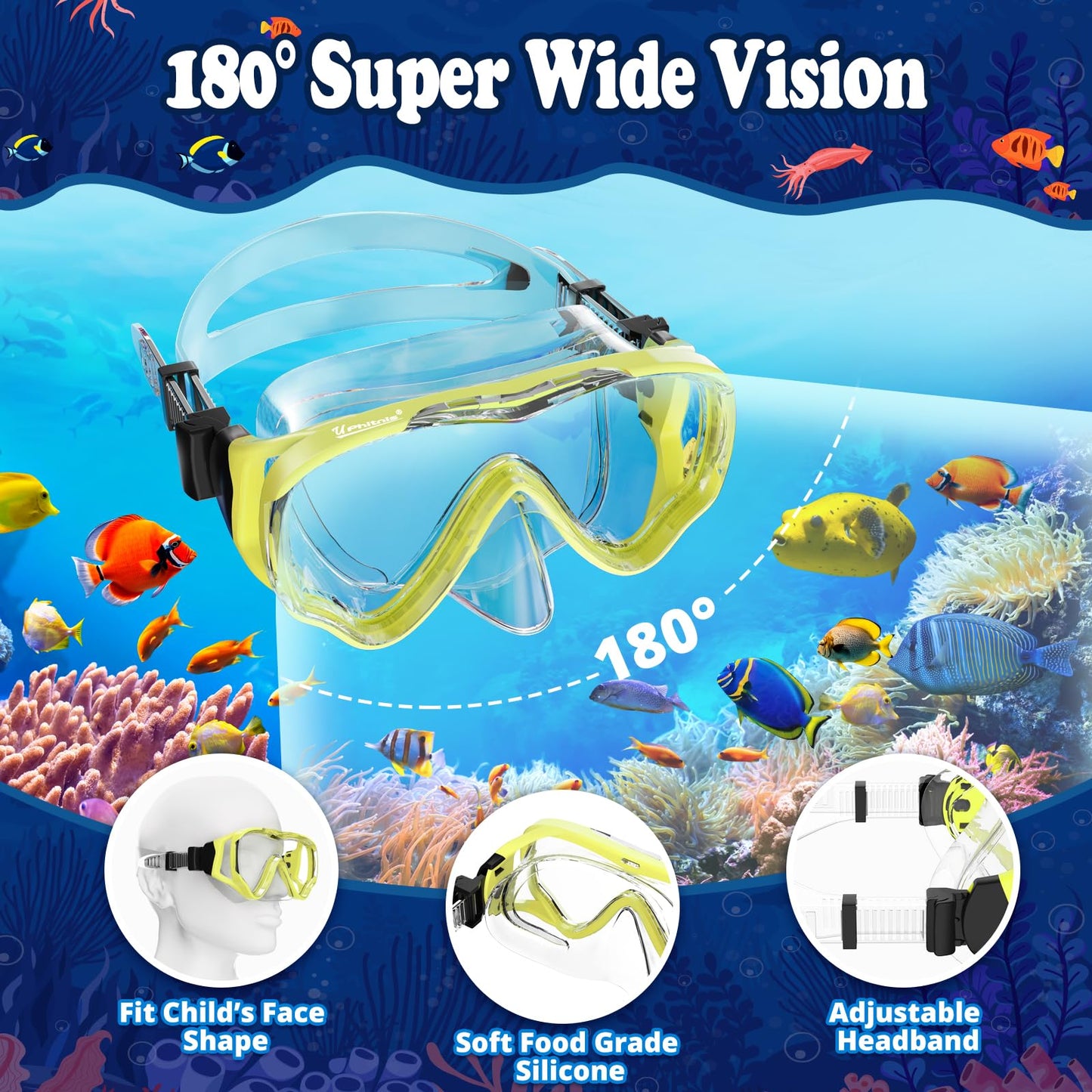 UPhitnis Kids Snorkel Set - Anti-Fog Dive Mask and Dry Snorkel - Leak-proof Dive Mask with Dry Snorkel - Snorkeling Gear for Boys Girls - Pink, Blue, Black, Yellow