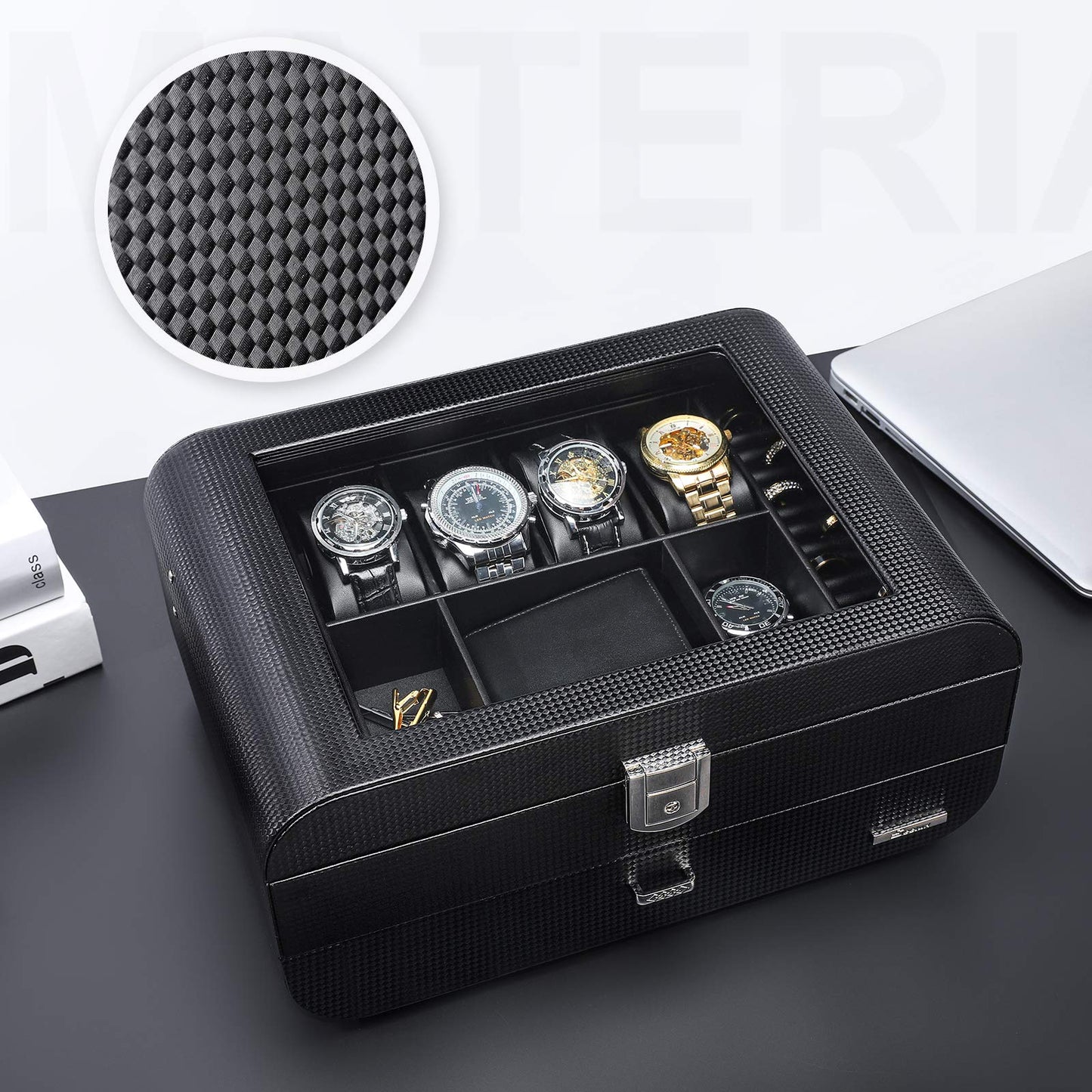 Seelux watch box for men with glass lid, lockable jewelry case for watches, rings, brooches, glasses. Gift for men, husband, boyfriend. Black.