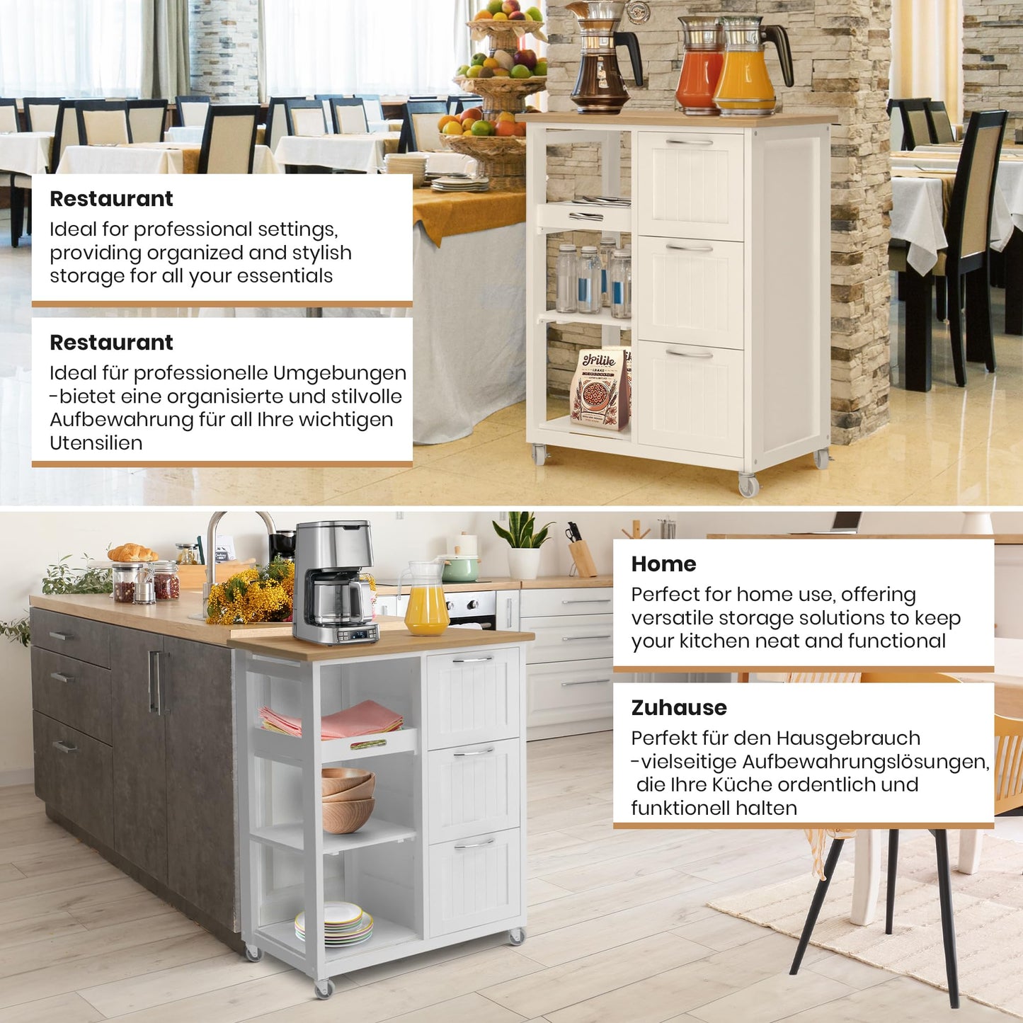 MIADOMODO® Kitchen Trolley on Wheels - 3 Drawers, 3 Levels, Worktop, Wood/MDF, 67x37x87cm, White - Serving Cart, Rolling Cart, Kitchen Trolley, Country Style Kitchen Cabinet, Side Cart, Kitchen Shelf