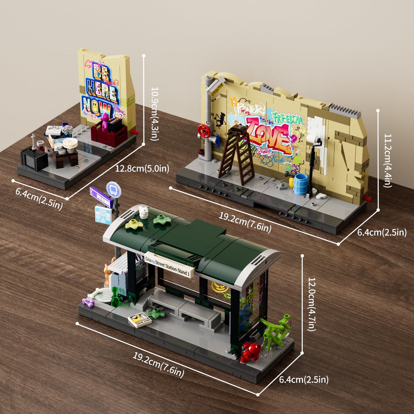 FUNWHOLE Graffiti Bus Stop Building Blocks Lighting Decoration, Modular Building Street Fusion City Town Bus Station, 516Pcs, Suitable for Adults and Street Style Enthusiasts, F9066.
