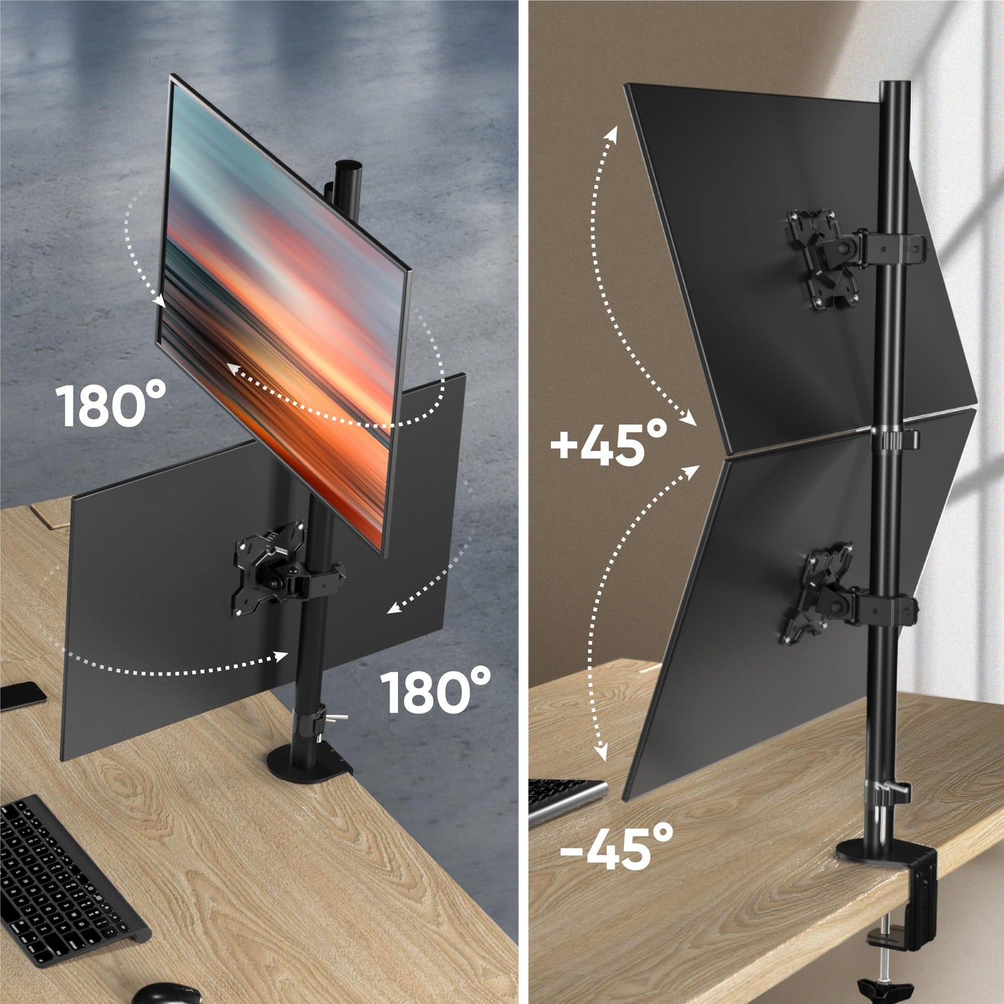 ONKRON dual monitor mount for 13-34 inch screens up to 8 kg per arm, VESA 75x75-100x100, adjustable stand for two monitors stacked vertically, black D208E-B.