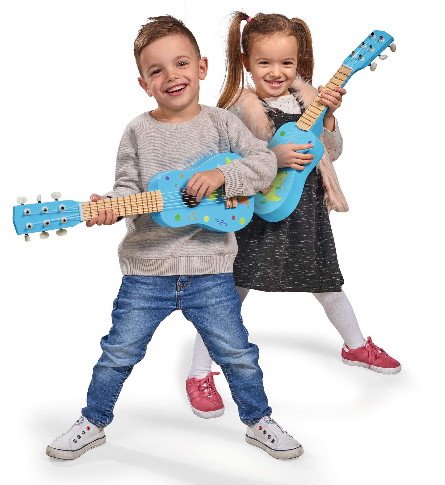 Squirrel - Guitar for Kids - Blue children's guitar, tunable nylon strings, wooden toy, with dinosaur, wooden guitar for boys and girls from 3 years old.