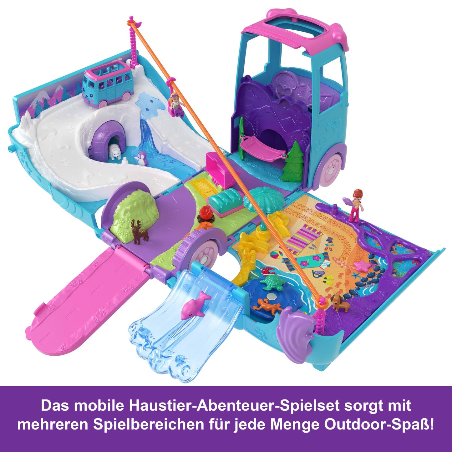Polly Pocket micro dolls and convertible camper, with accessories like pets and toy car, on-the-go pet adventure playset, JCC22.