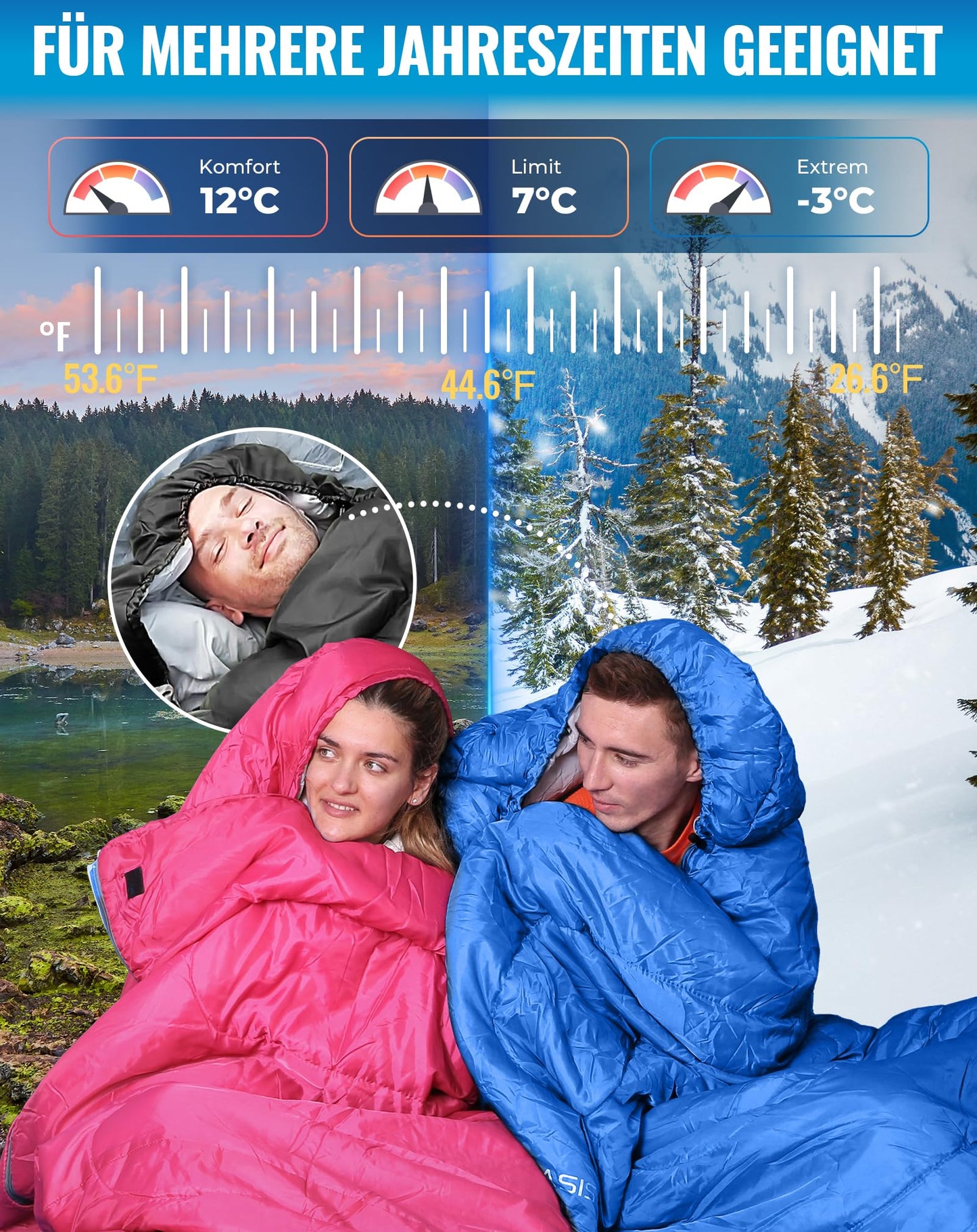 KingCamp Oasis sleeping bags with headrest for adults. Lightweight, 3 seasons, Blue, 220 × 75 cm.