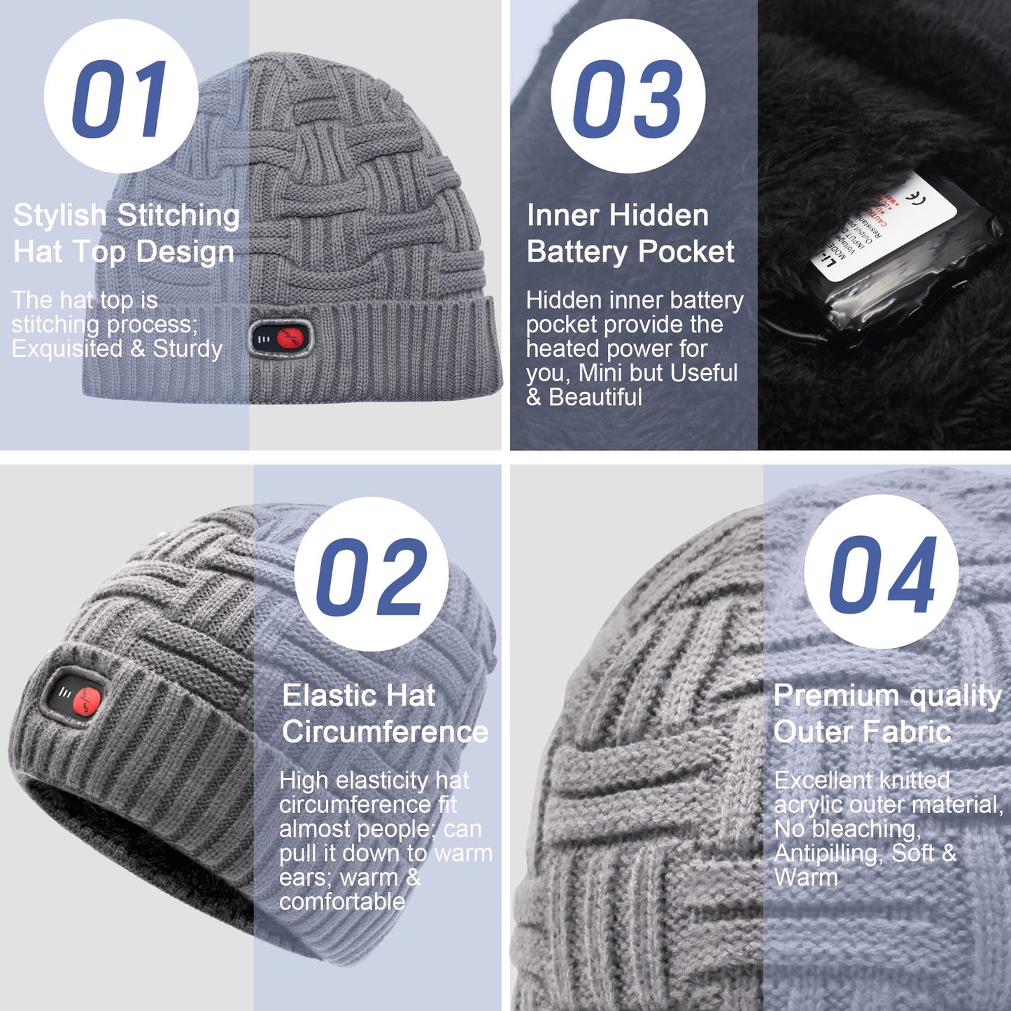 Svpro Heated Knit Hat, Rechargeable Heated Beanie Washable Electric Warm Winter Hat Men Women Thermal Thick Fleece Skull Cap for Skiing Cycling Hunting