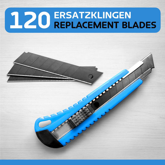 120x utility knife blades - 18mm snap-off blades made of carbon steel - replacement blades for utility knives - carpet knife blades - hardened & extremely sharp - utility knife replacement blades - black