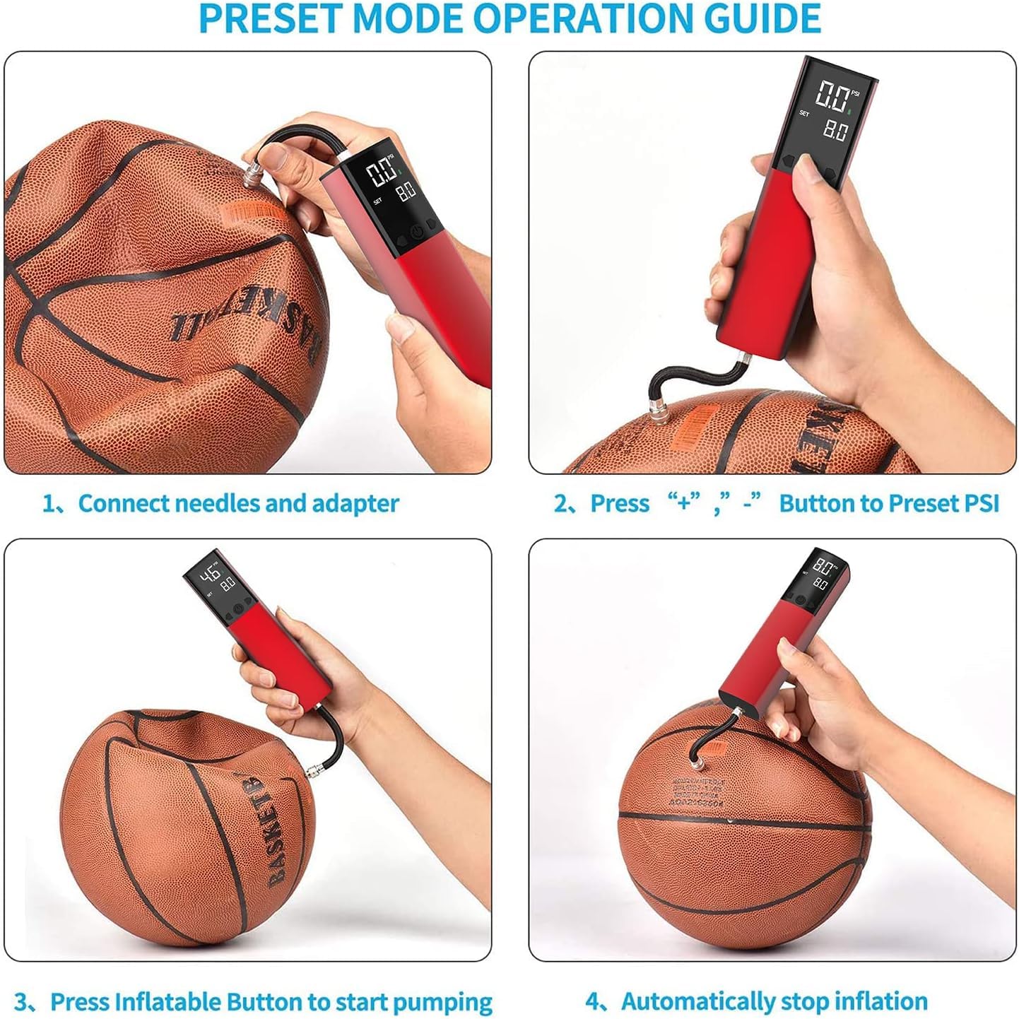 Electric ball pump, Smart air pump, Portable, Quick inflation of ball with precise gauge and digital LCD display for soccer, basketball (2 needles and 1 nozzle) Red.