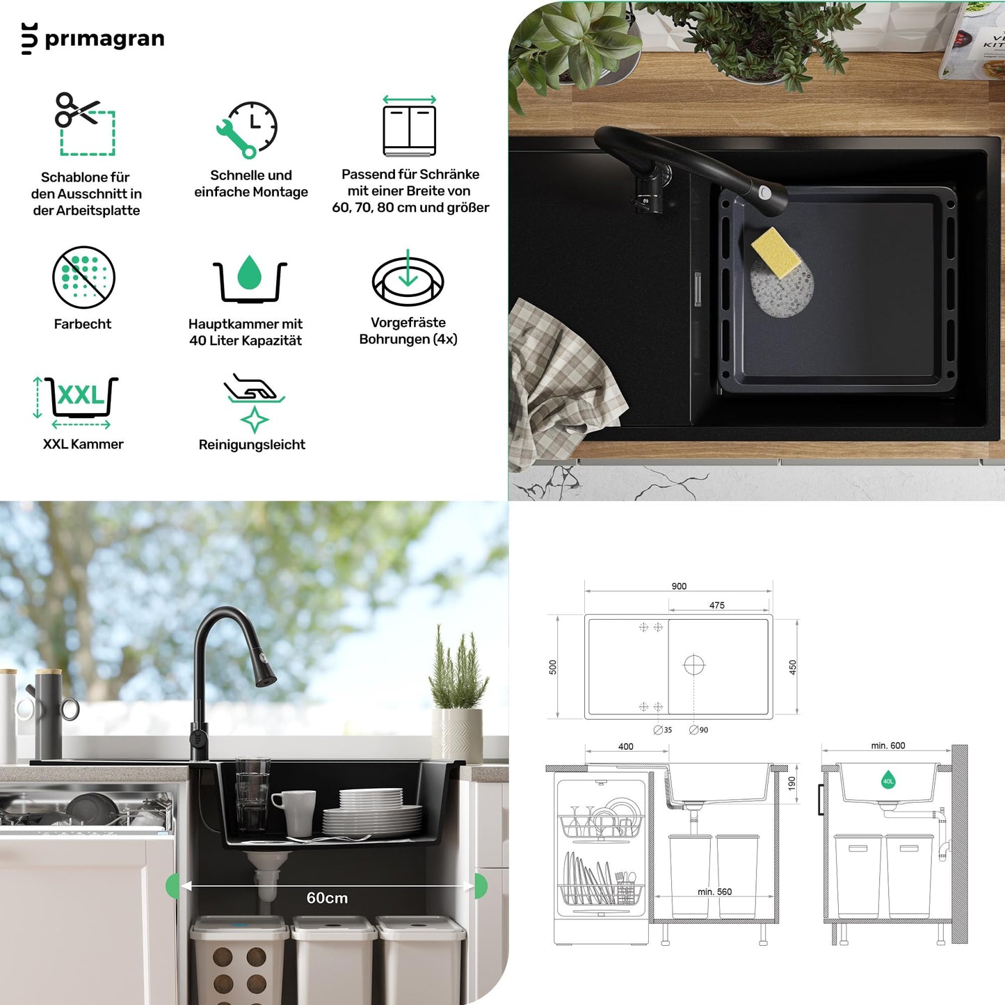 PRIMAGRAN granite sink black 90x50cm, granite sink 1 bowl + drain set, kitchen sink from 60cm base cabinet - Ibiza S034