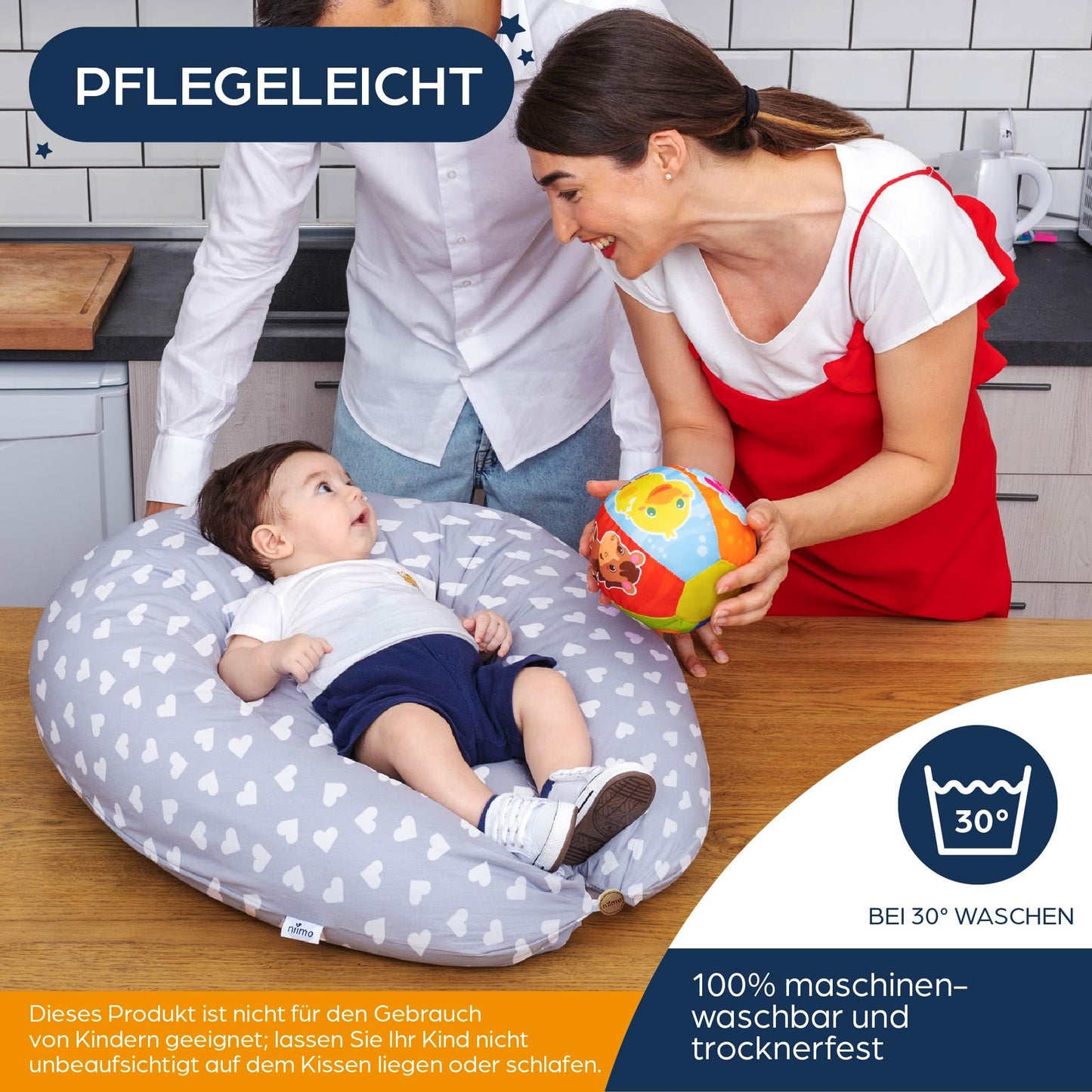 Niimo XXL+ 2-in-1 Pregnancy & Nursing Pillow - Includes Support Wedge, 100% Cotton Cover with Fiber Filling, 100% Washable, Ergonomic & Multifunctional, Grey with White Hearts (200 x 70 cm)