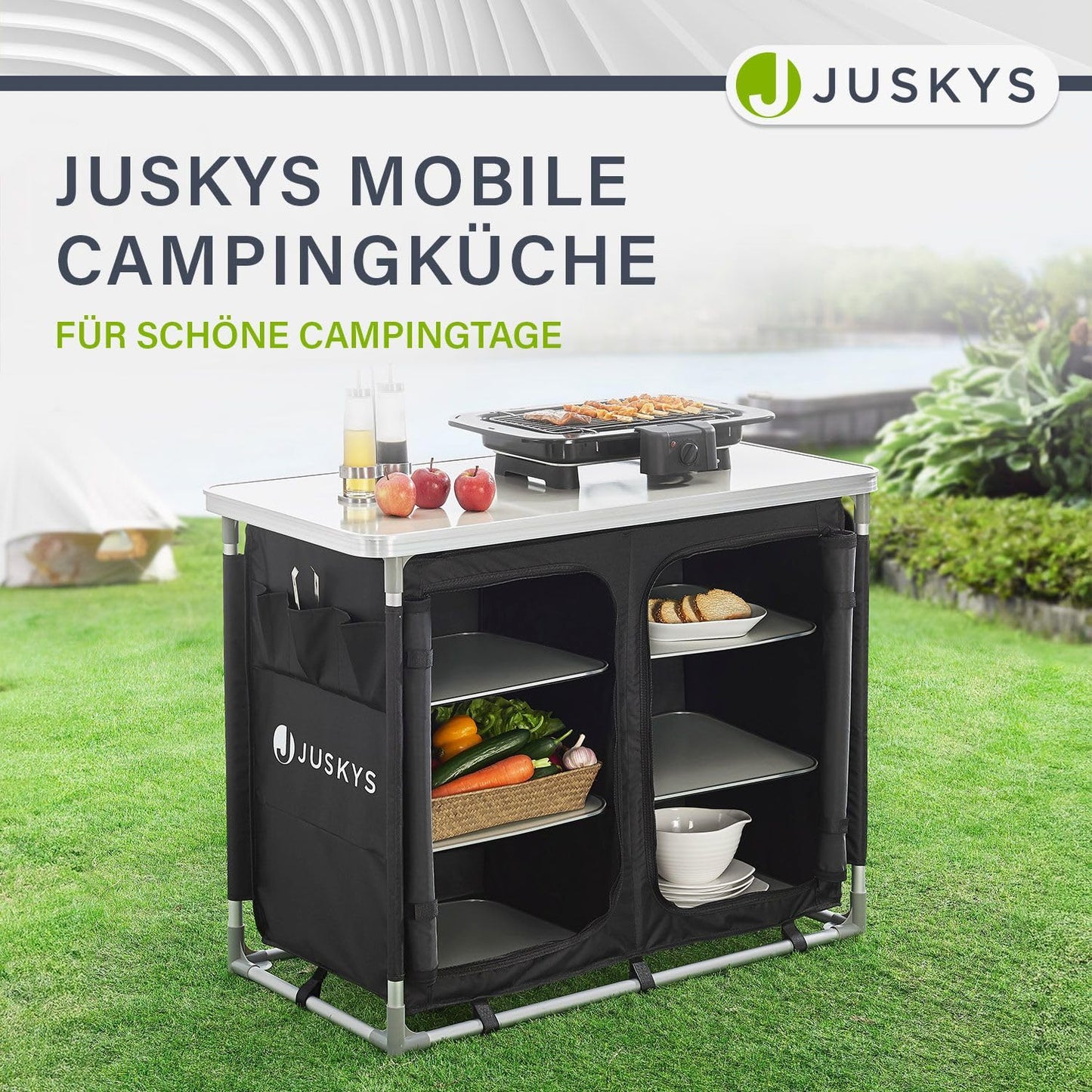 Juskys camping kitchen foldable with carrying bag - outdoor camping kitchen foldable camping cabinet - foldable kitchen box - black