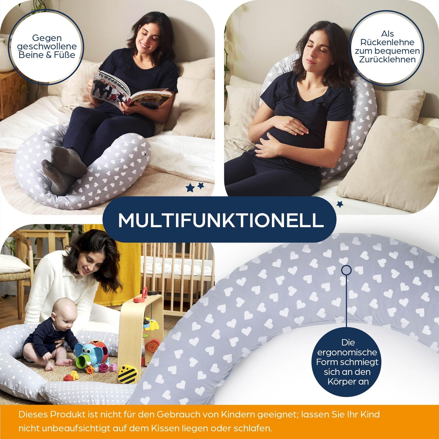 Niimo XXL+ 2-in-1 Pregnancy & Nursing Pillow - Includes Support Wedge, 100% Cotton Cover with Fiber Filling, 100% Washable, Ergonomic & Multifunctional, Grey with White Hearts (200 x 70 cm)