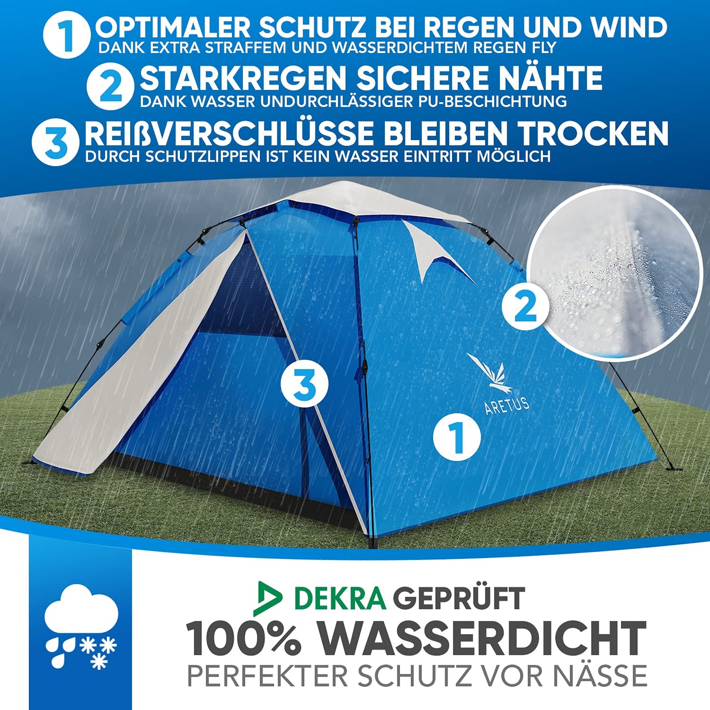 Aretus - Pop up tent for 2-4 people SET UP AND TAKE DOWN IN 45 seconds - Extra Large & Waterproof - Automatic pop up tent for 3 people, tent for 3 men