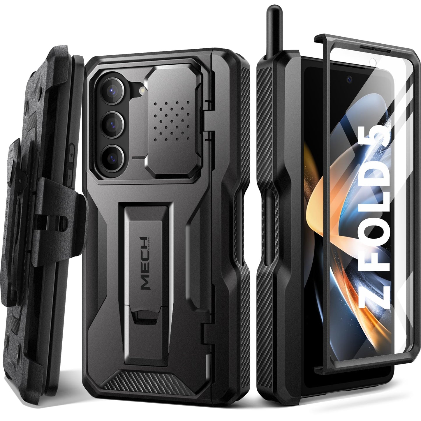 Tongate case for Galaxy Z Fold 5, with new S Pen holder & display protection & kickstand, full-body rugged hinge protection with belt clip camera cover for Samsung Galaxy Z Fold 5 case, black