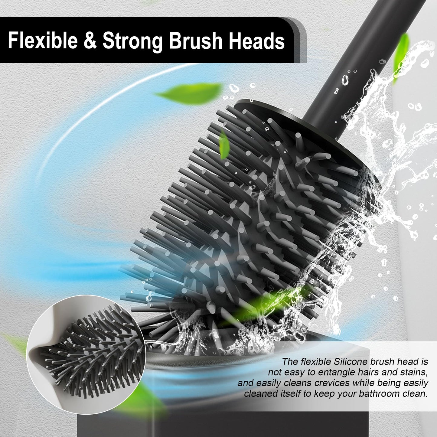 BVL WC Brushes & Holder Black, 2 Piece Metal Toilet Brush Including 4 Brush Heads, Free-standing Square Silicone Toilet Brush for the Bathroom