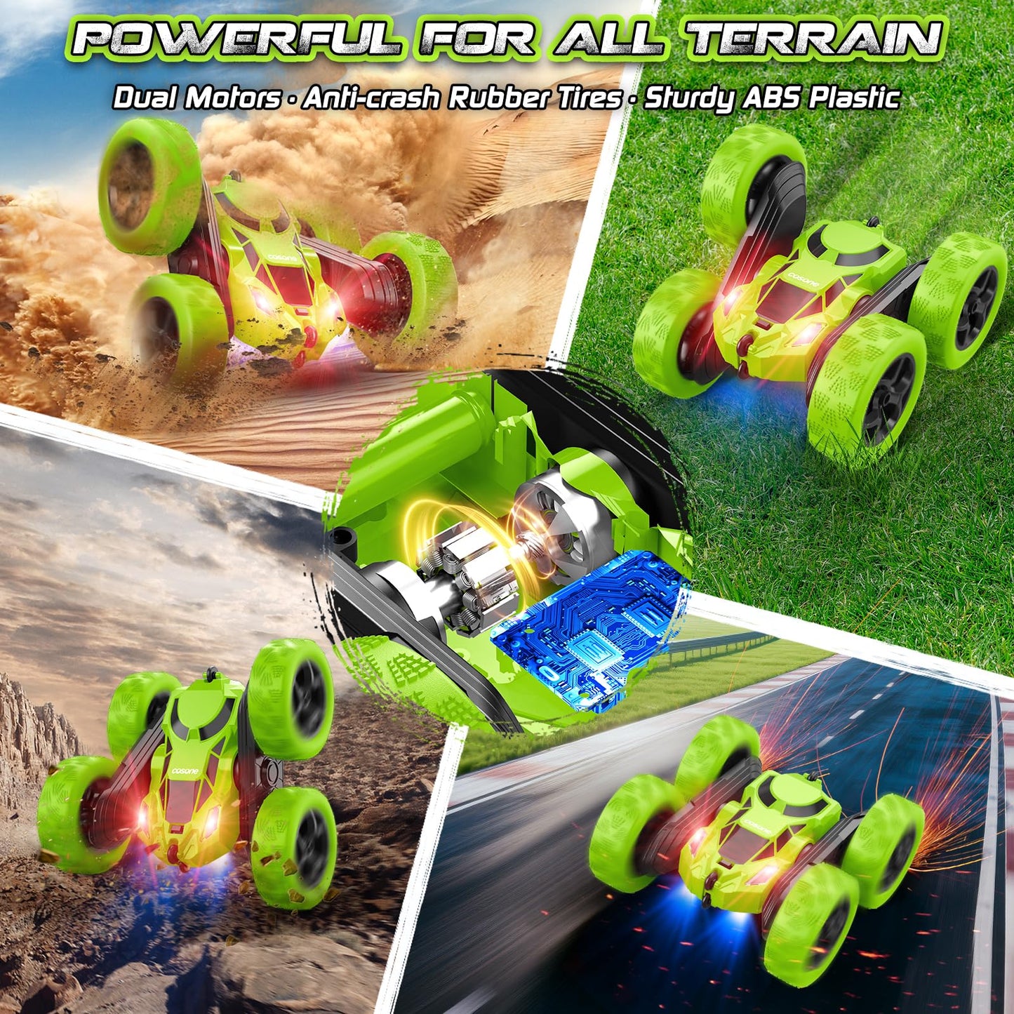 Cosone Remote Control Cars, RC Cars Stunt Car, 2.4 GHz, remote control toy cars for boys, All-wheel off-road stunt car, double-sided, 360° rotating, gifts for kids ages 6 and up (Green)
