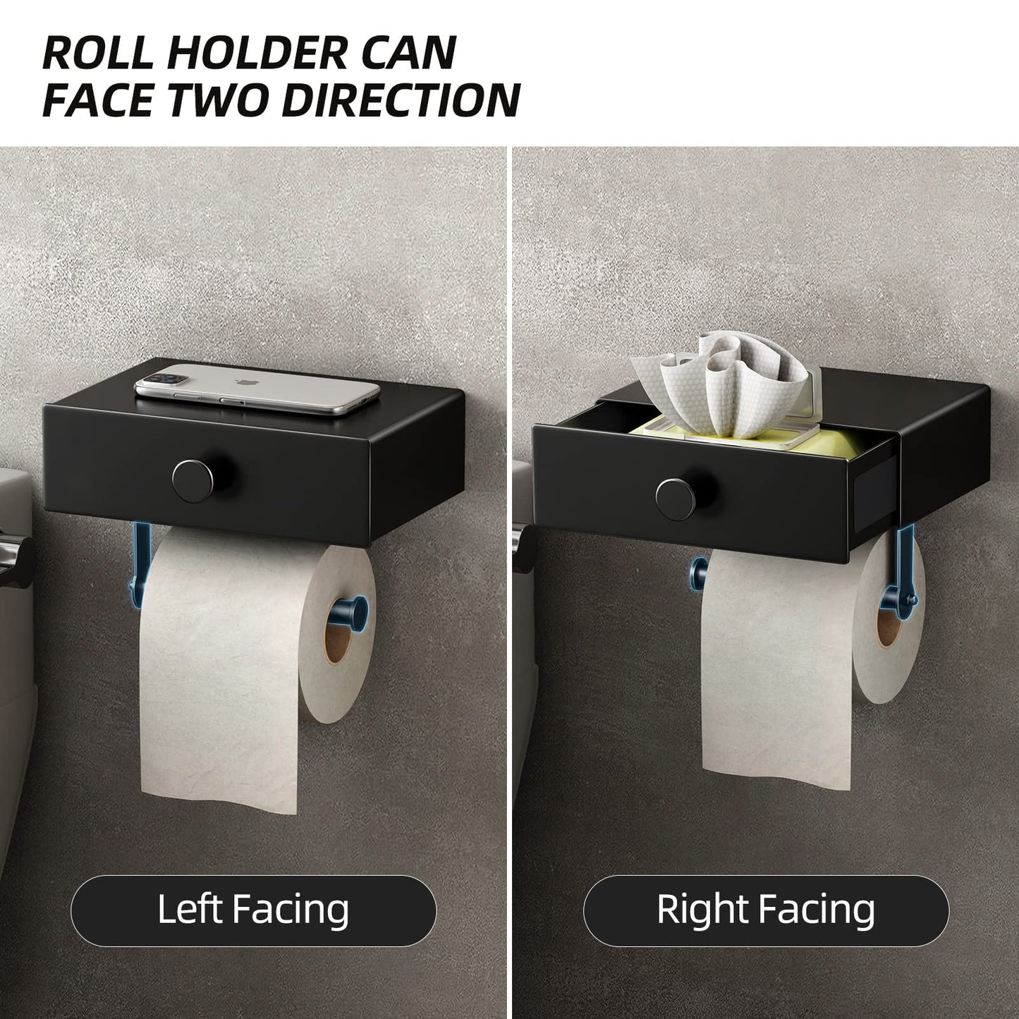 VOLDRA Toilet Paper Holder Without Drilling, Toilet Paper Holder With Wet Wipes Box Toilet Roll Holder With Drawer Shelf Paper Holder for Toilet & Bathroom - Wall Mount (Matte Black)