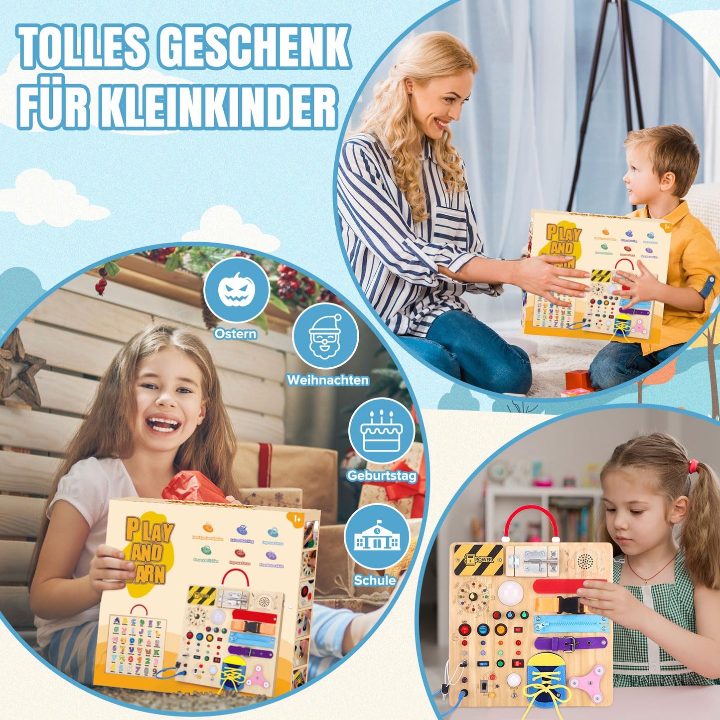 23 in 1 Busy Board Montessori toy from 1 year old Activity Board toy from 2 3 years old Wooden toy Sensory toy with 15 switches, 26 LED lights, music box, lock, zipper, shoelaces