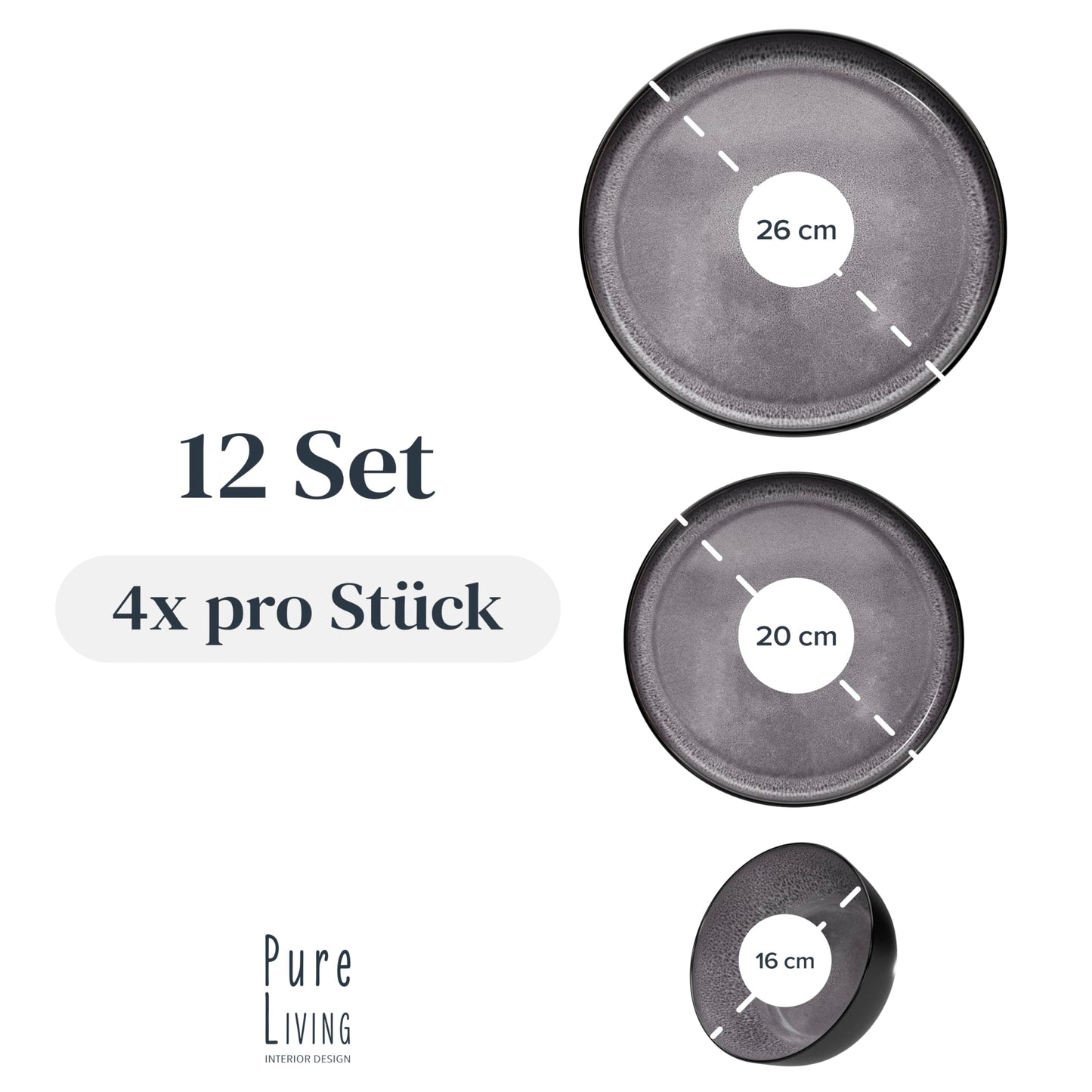 Stoneware dinnerware set for 4 people Ibiza 12 pcs. WINNER, Gorgeous Mediterranean Stoneware Dinnerware Set, Bowl and Plate Set, Tableware for 4 people, Pure Living dinnerware sets in grey.