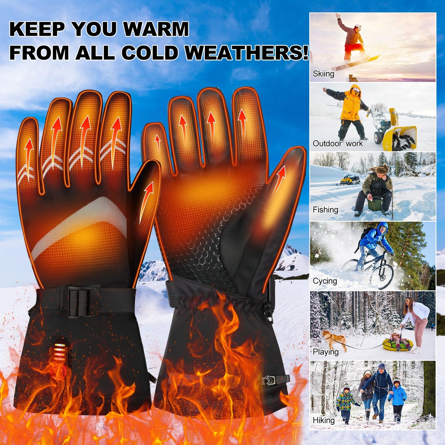 HATMIG Heated Gloves, Electric Heated Gloves Women Men, Rechargeable Heated Gloves Waterproof 5 Heating Levels Ski Gloves-L
