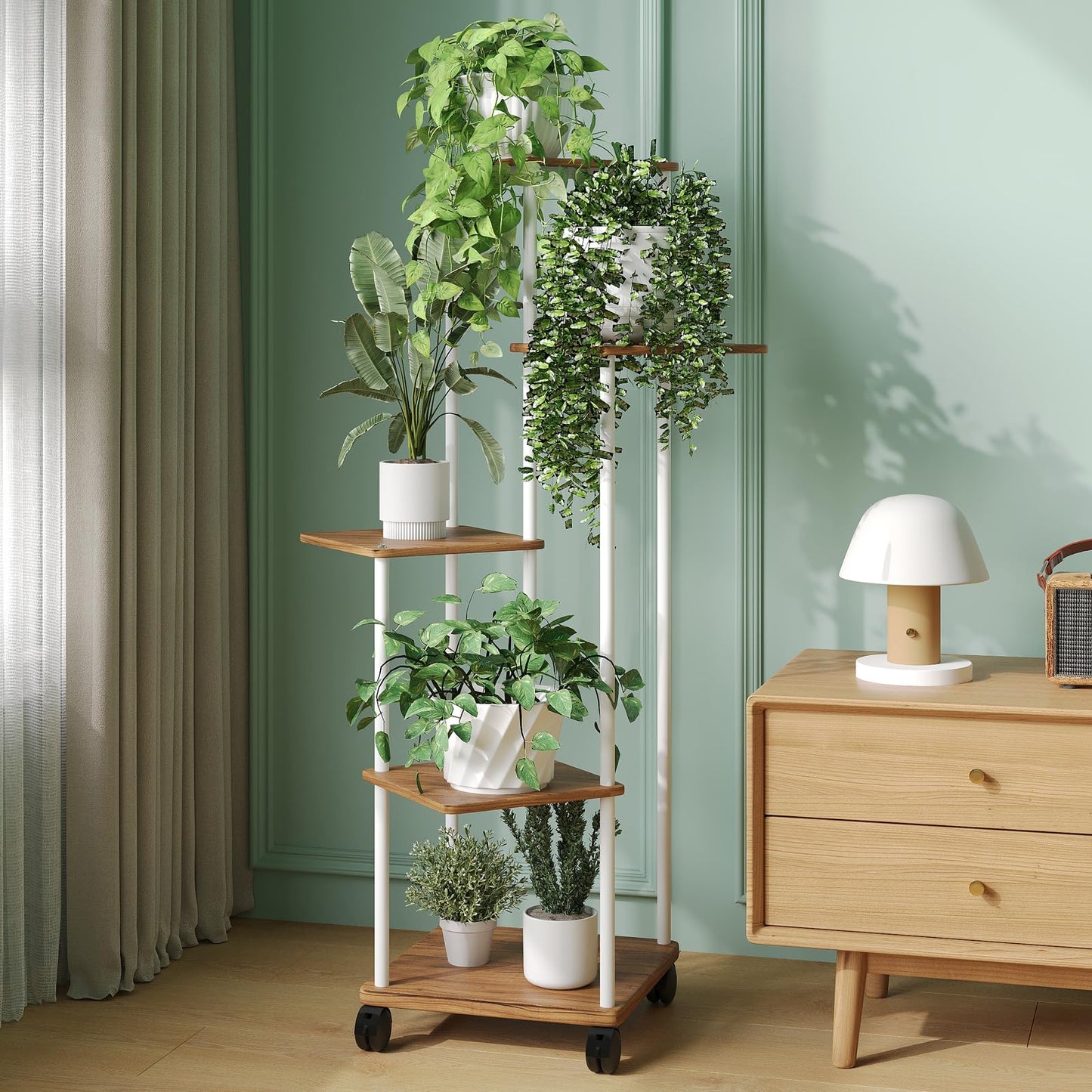 5-tier wooden flower shelf plant stand with optional wheels, multi-layered flower rack plant holder flower bench flower ladder plant ladder shelf for indoor garden balcony decor.