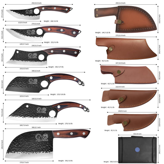 XYJ Full Tang Camping Knife Set Chinese Butcher Knife Vegetable Cook Knife Slicing Boning Knife with Leather Knife Handles & Roll Bag and Kitchen Tools Gifts for Women Men Gifts