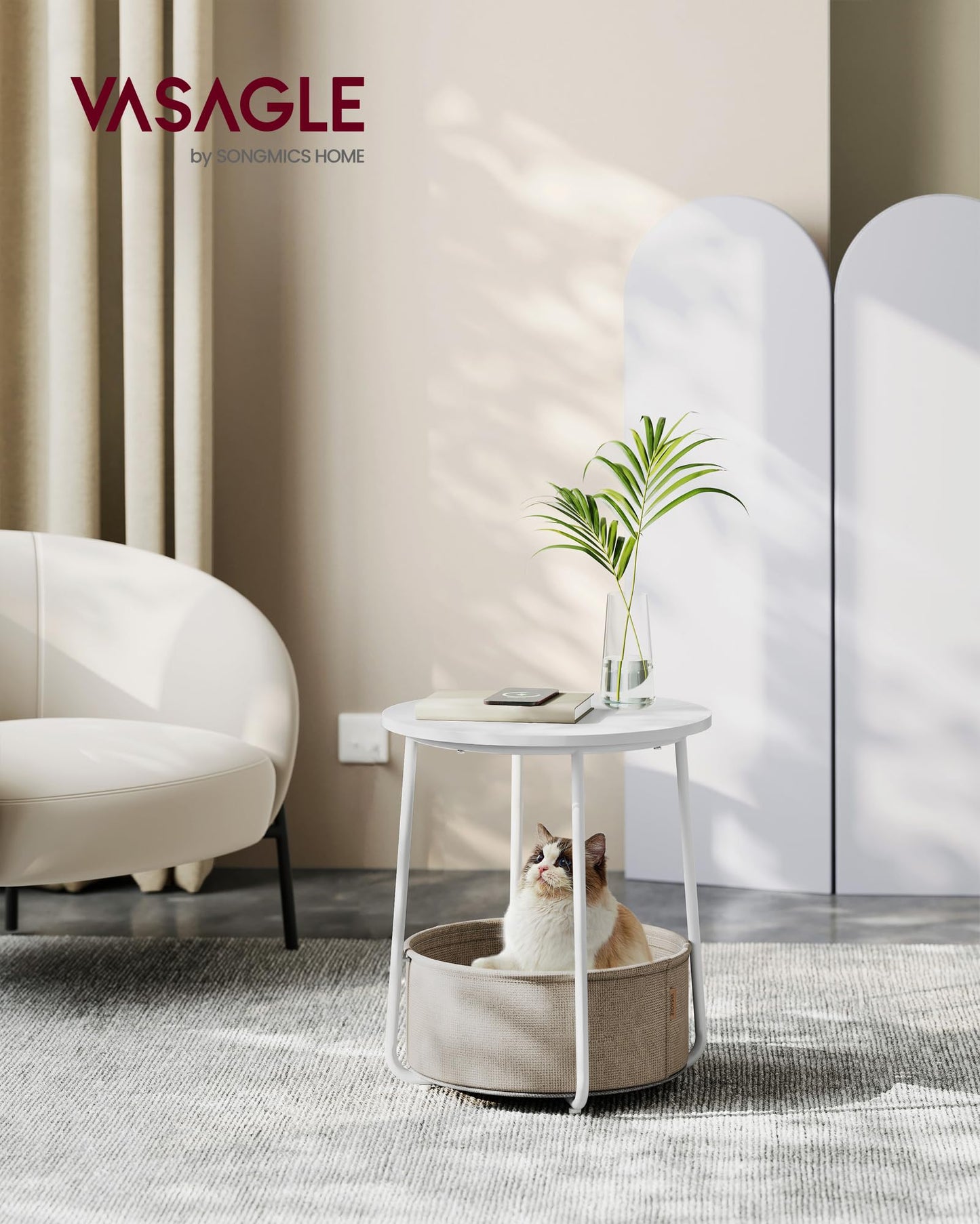 VASAGLE Round Side Table, Small Table, Small Coffee Table, Living Room Table, Fabric Basket, Storage for Living Room Bedroom, Modern Nightstand, Matt White-Camel Brown LET223W10