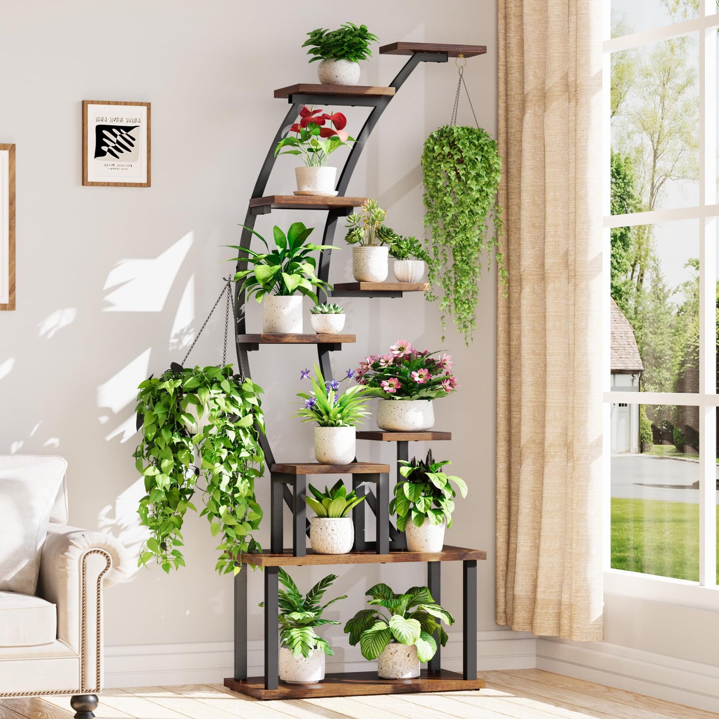 BACEKOLL Indoor Plant Stand: 9-tier metal plant shelf, 160cm tall, accommodates multiple houseplants, corner flower rack for living room, patio, metal/wood, black.