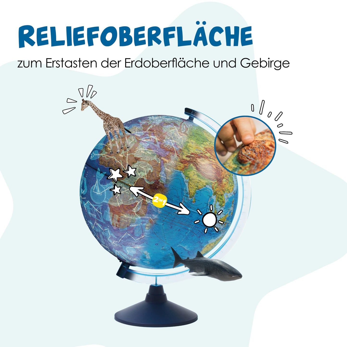 alldoro 68640 Interactive 3D Globe Ø 32 cm, children's globe with relief, German map image & zodiac signs, with app function, wireless & illuminated.