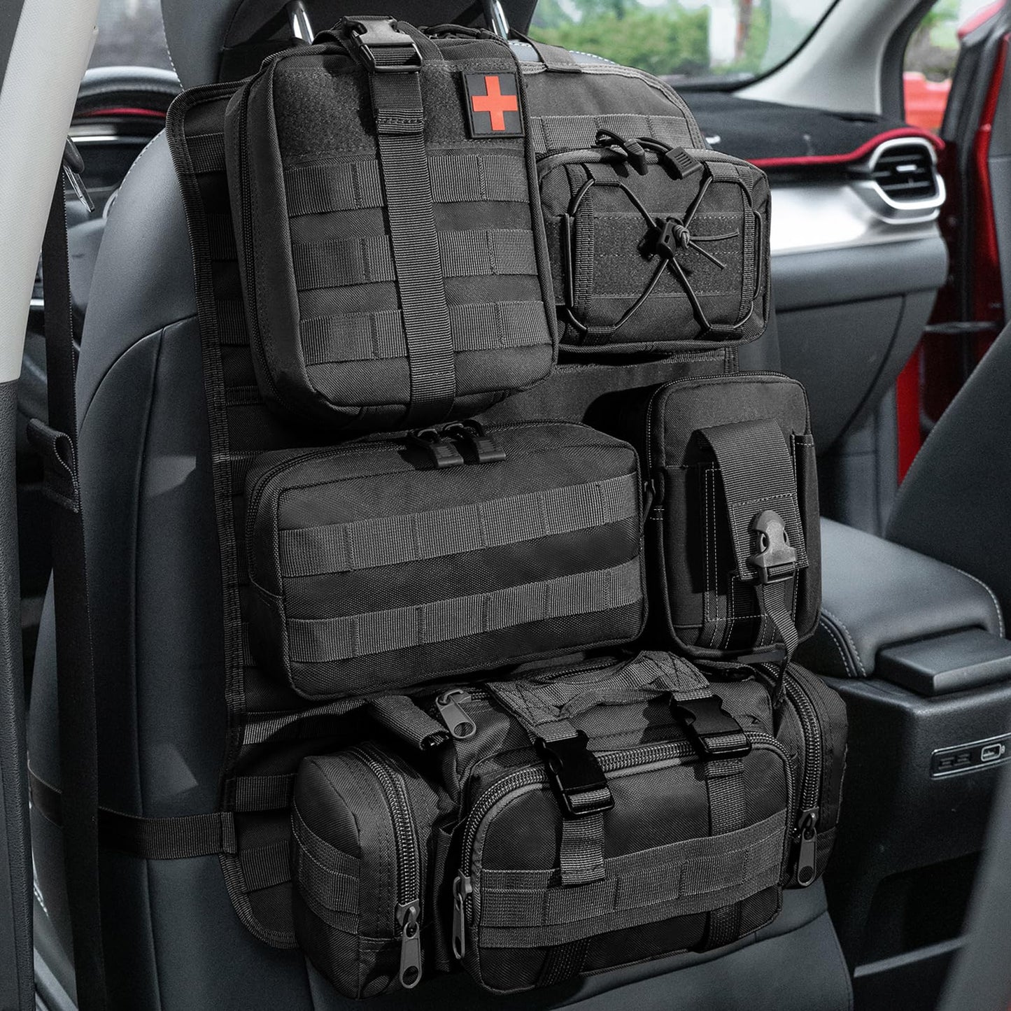ZACITLEI Universal Tactical Car Seat Back Organizer, Front Seat Back Storage Bag Backseat Protector with 5 Removable Molle Pouch for Most Vehicles