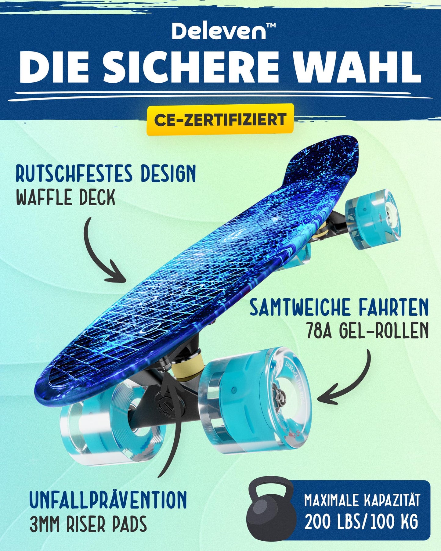 Deleven skateboard with LED wheels, skate tool, and ABEC 7 bearings - for kids and adults beginners - 56 cm