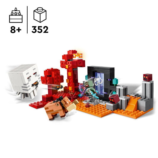 LEGO Minecraft Ambush at the Nether portal - Toy with Orc Warrior figure, Hoglin, and Ghast - Buildable set with 2 Magma cubes - Gamer gift for boys & girls ages 8+ - 21255